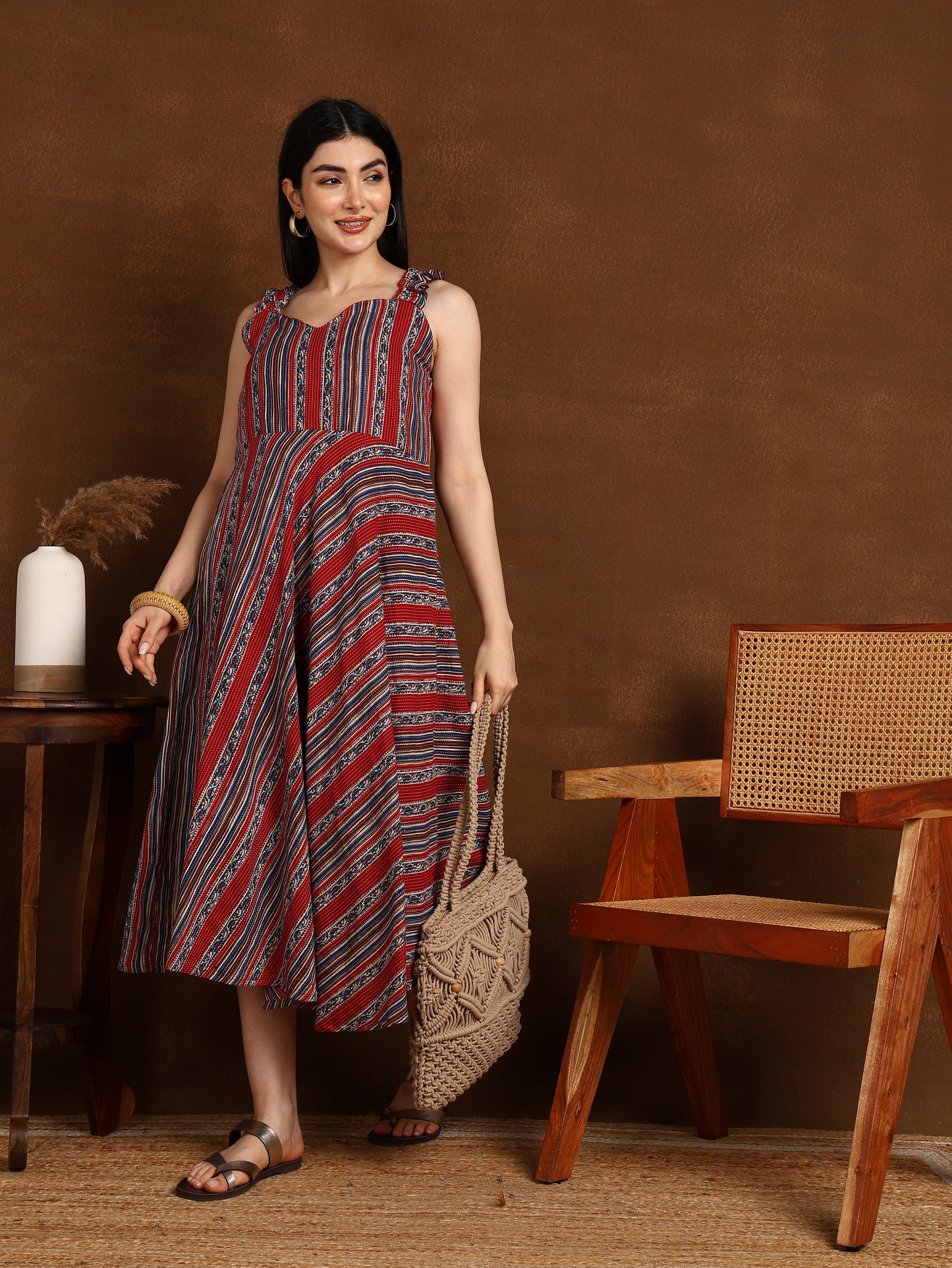 RED BLUE KATHA STRIPS DRESS