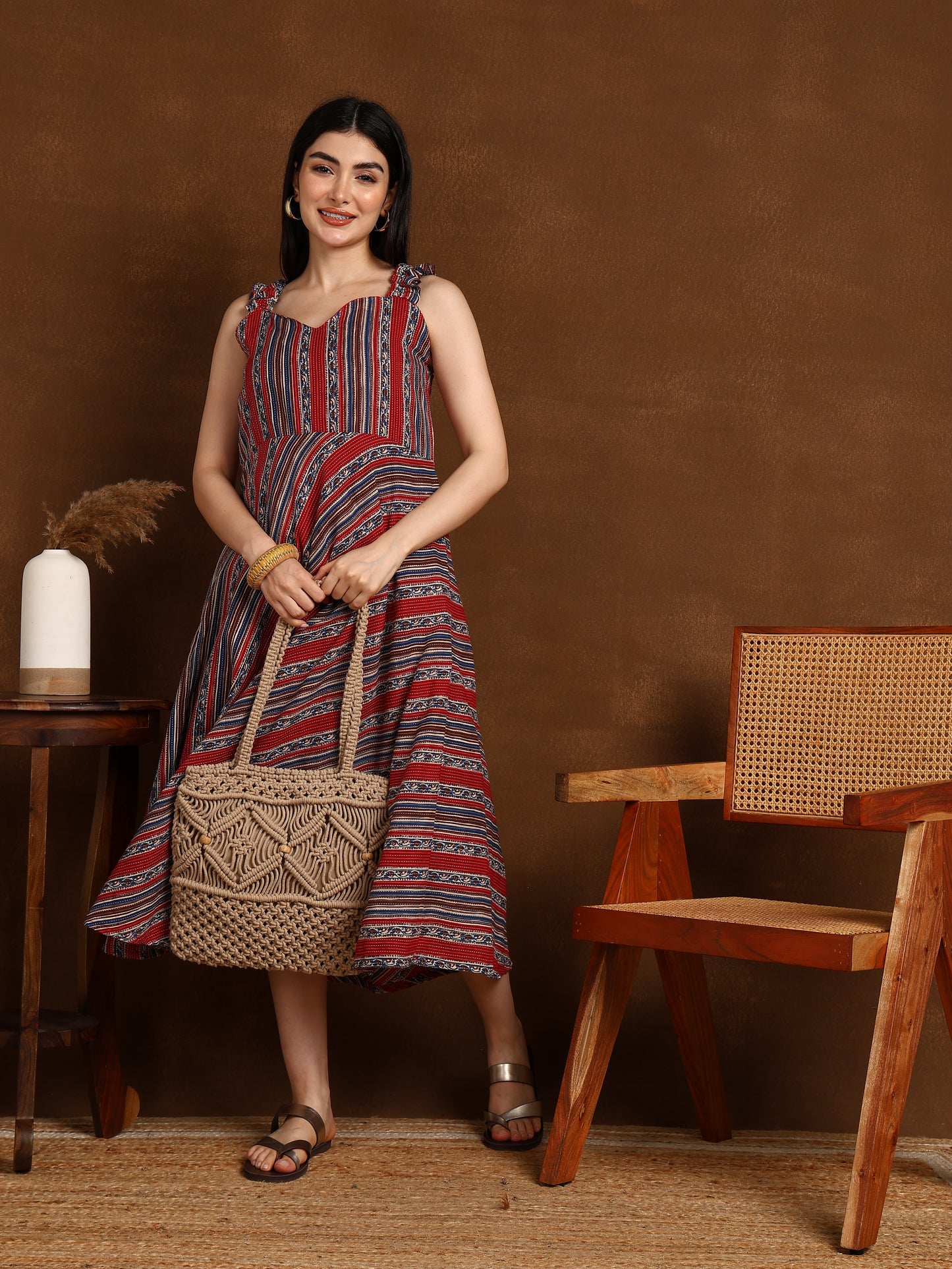 RED BLUE KATHA STRIPS DRESS