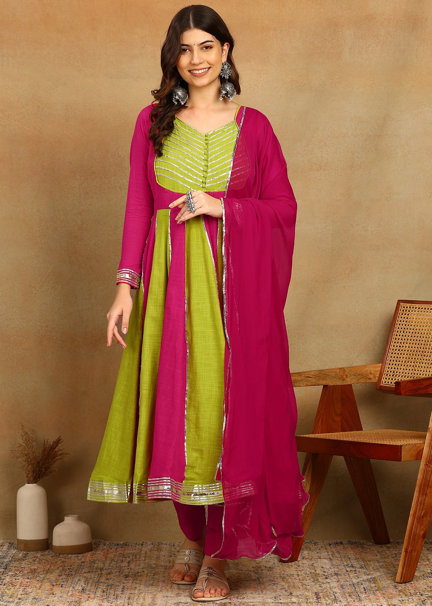 LIME PINK SLUB ANARKALI SUIT SET