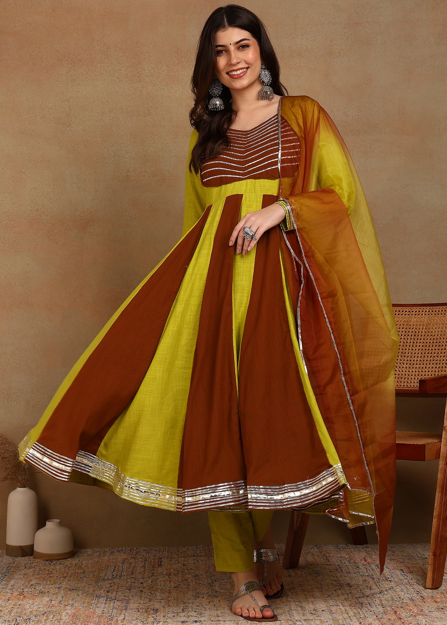 YELLOWBROWN SLUB ANARKALI SUIT SET