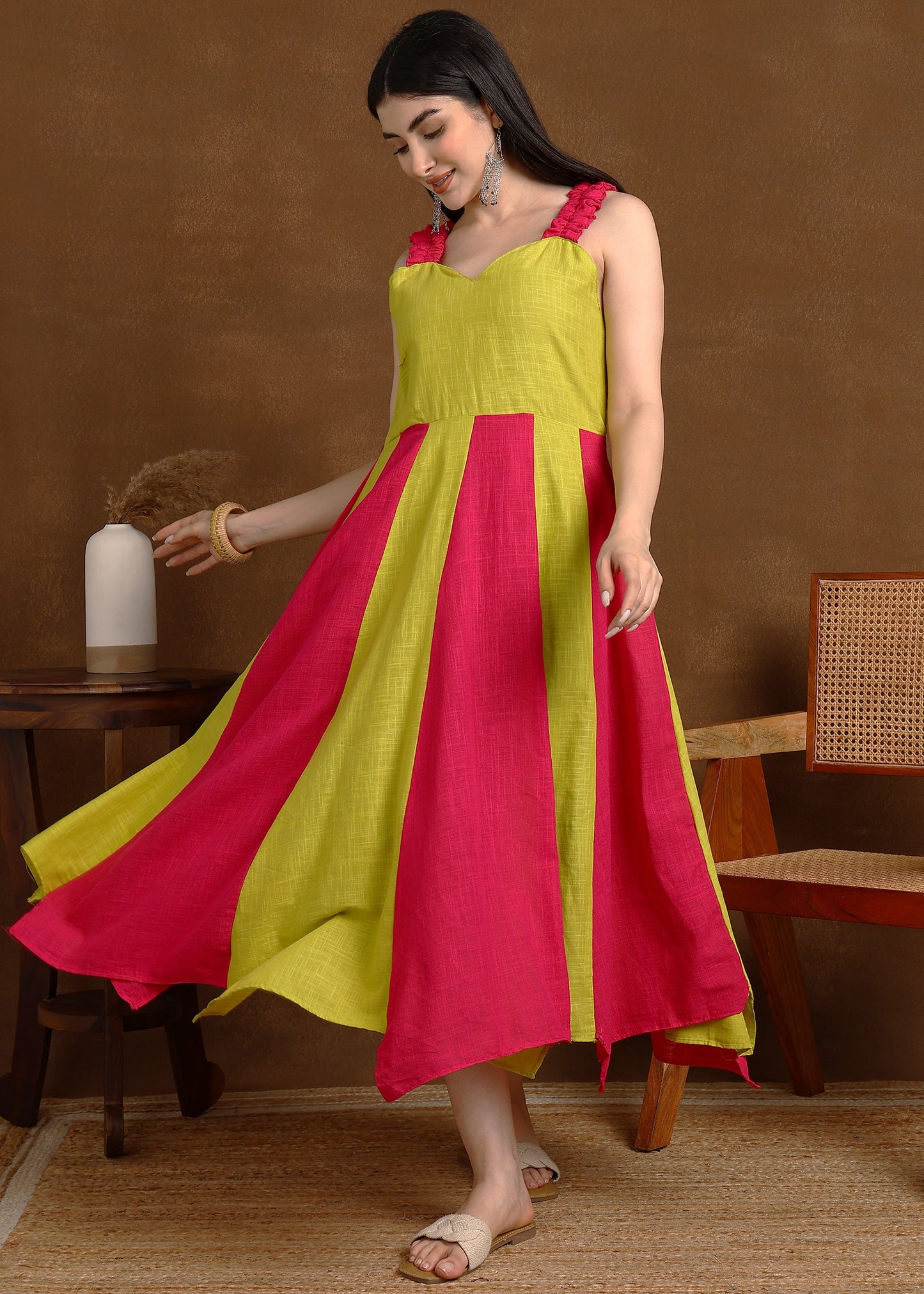 PINK LIME SLUB ONE PEICE DRESS