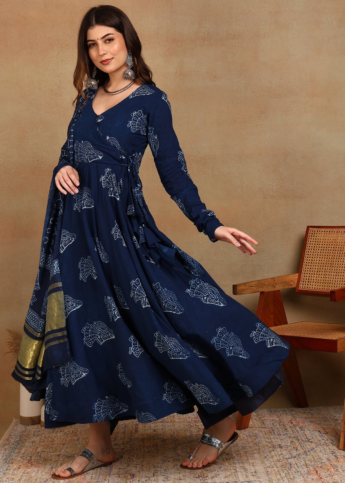 LADY DABU INDIGO HANDBLOCKED ANARKALI SUIT SET