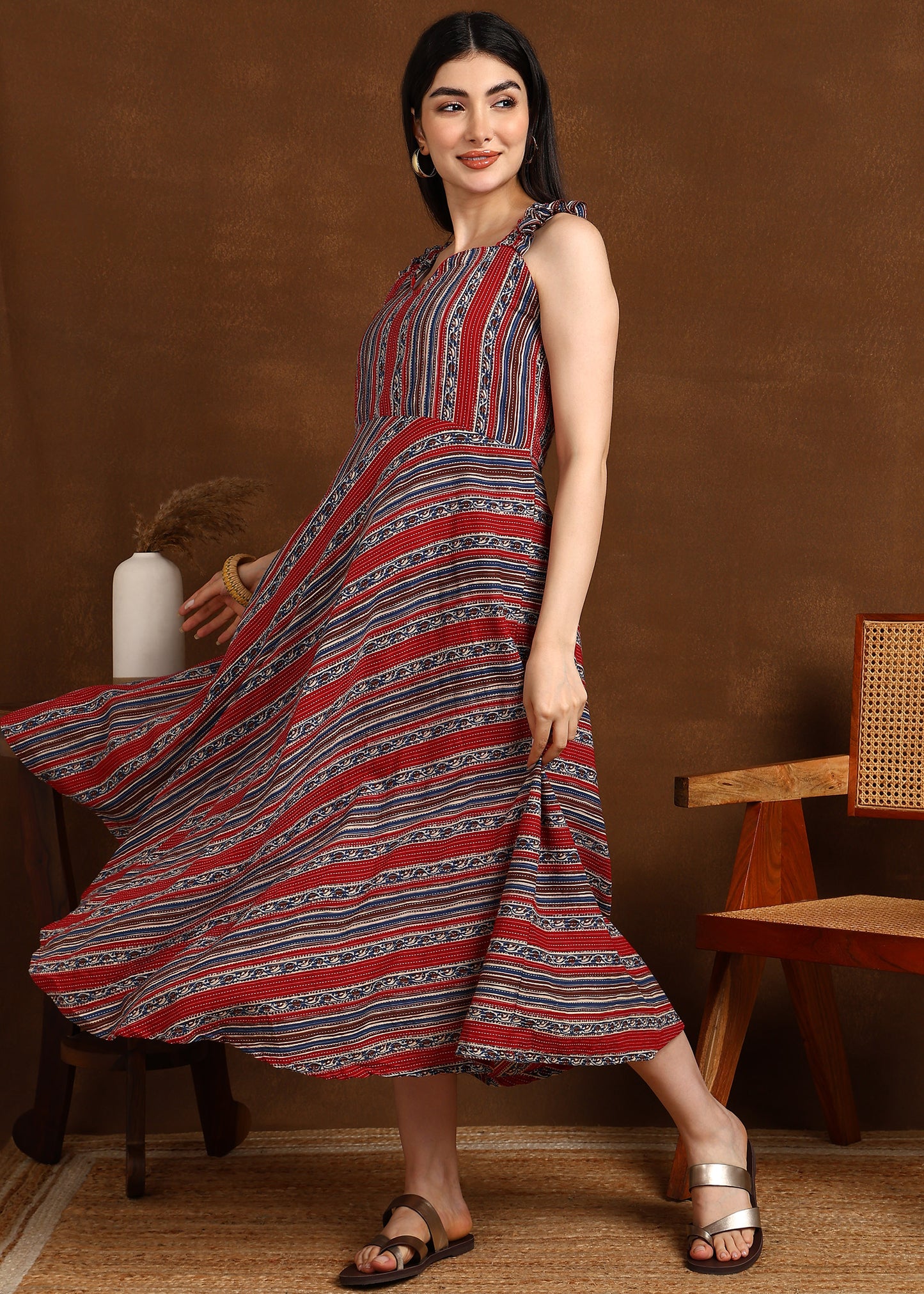 RED BLUE KATHA STRIPS DRESS
