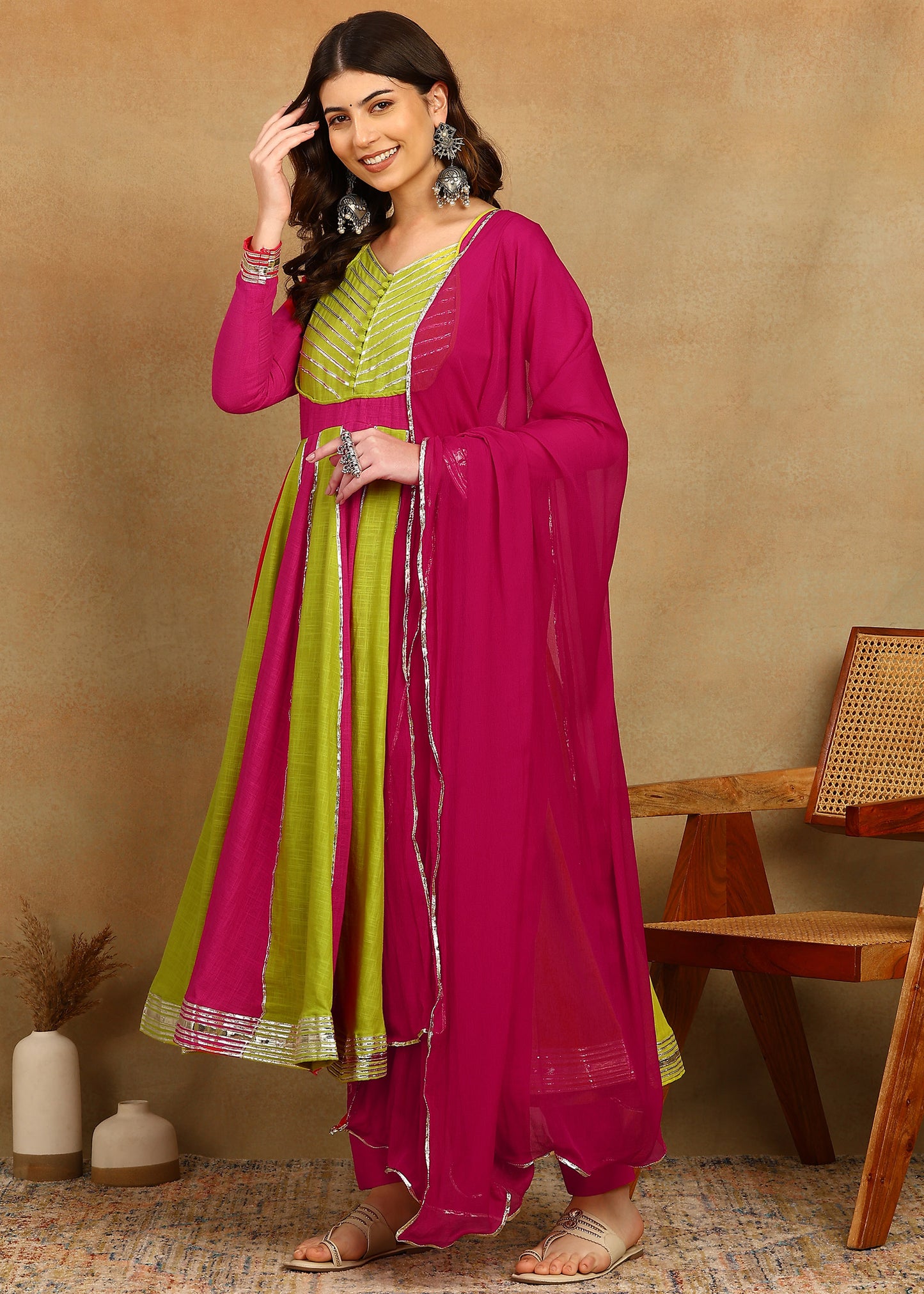 LIME PINK SLUB ANARKALI SUIT SET