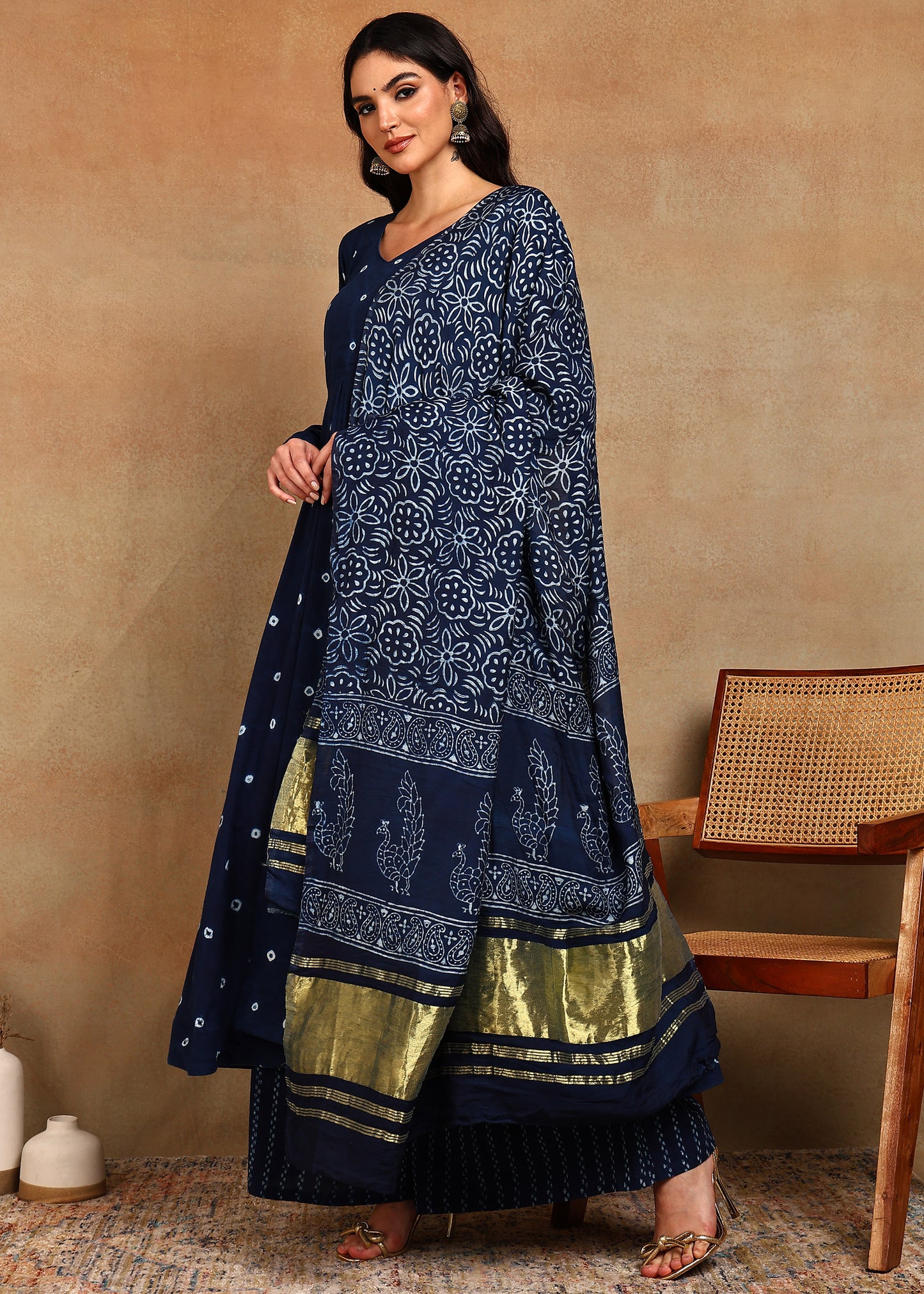 HANDMADE BHANDHEJ DABU INDIGO ANARKALI KURTA SUIT SET