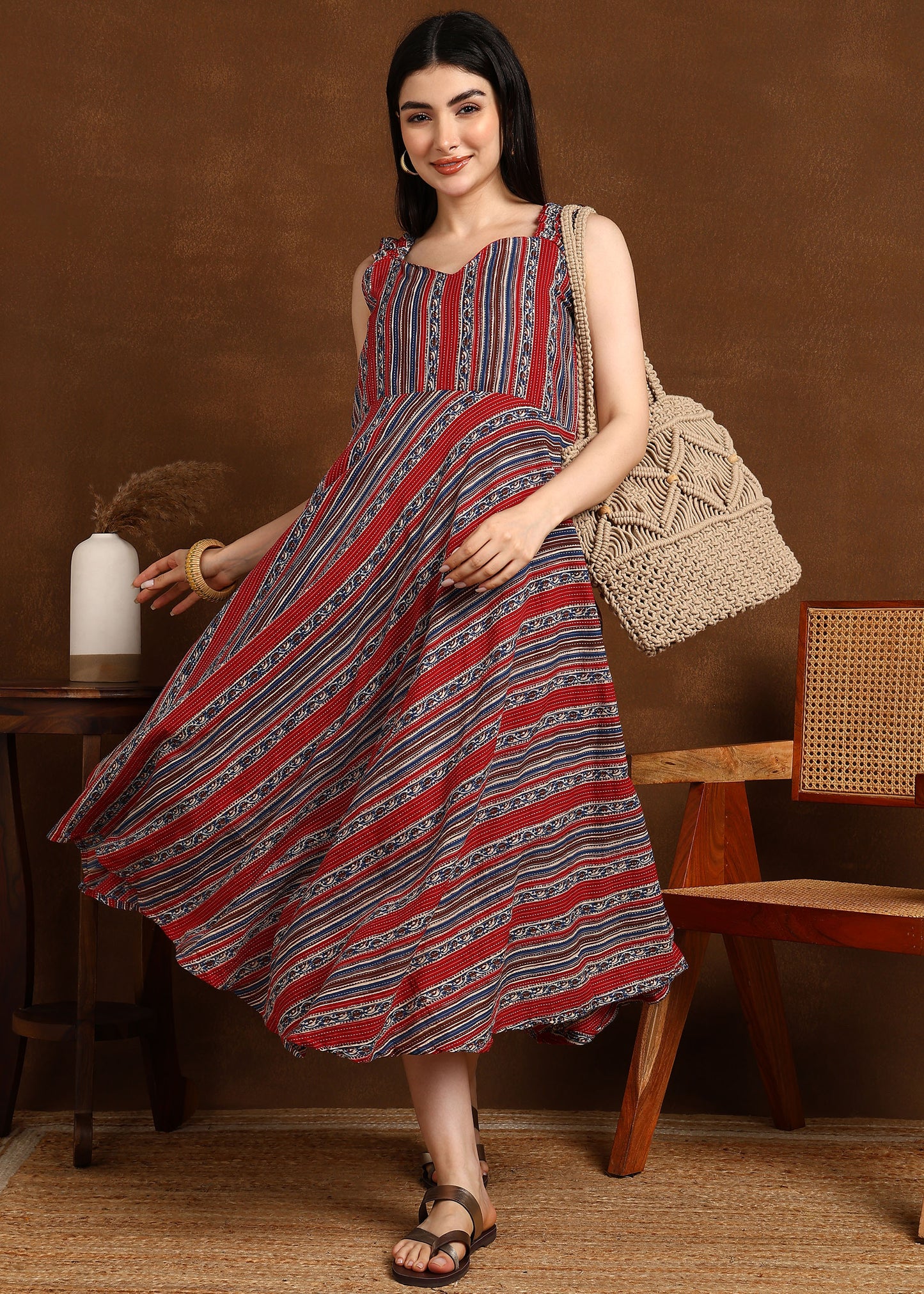 RED BLUE KATHA STRIPS DRESS