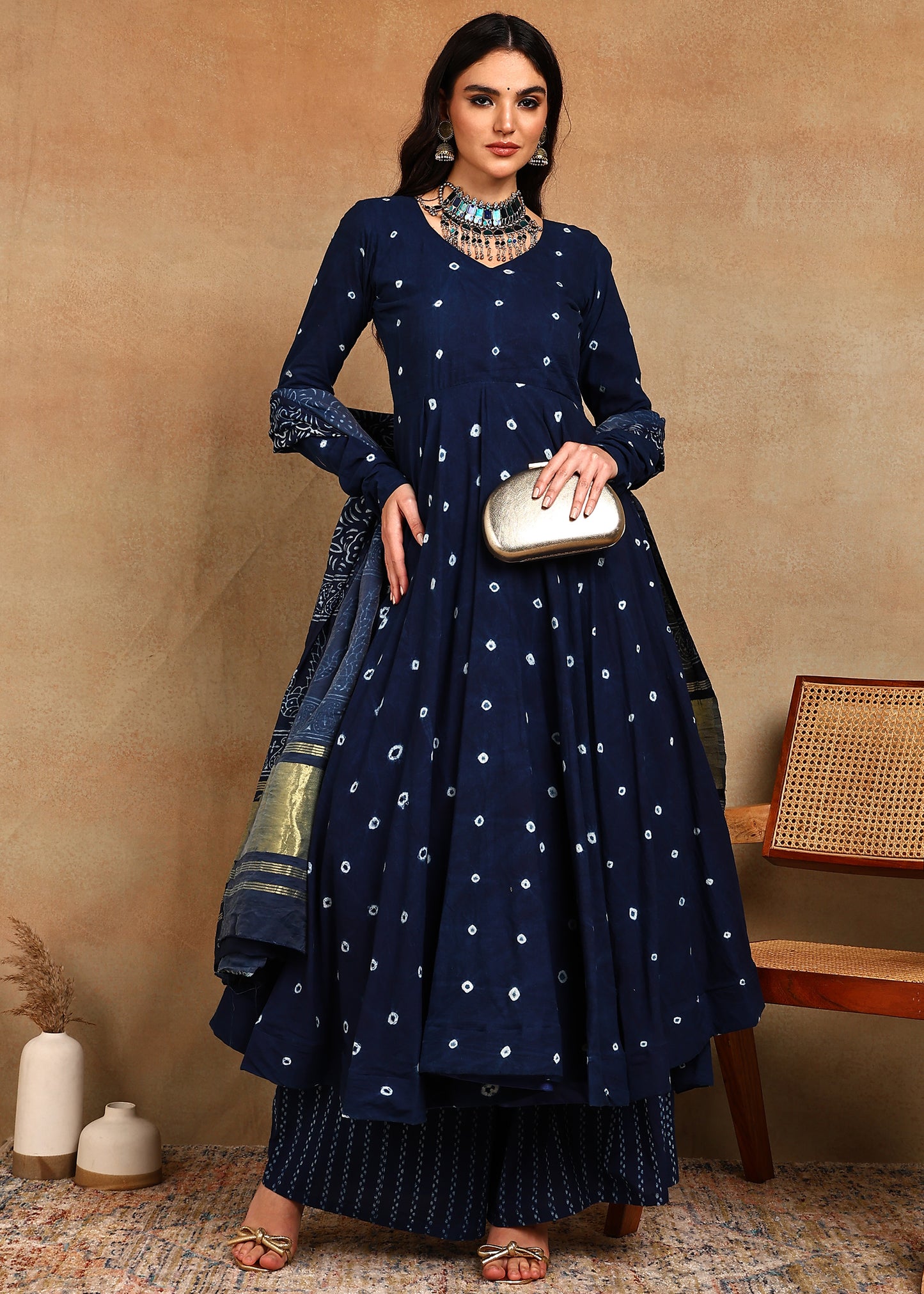 HANDMADE BHANDHEJ DABU INDIGO ANARKALI KURTA SUIT SET