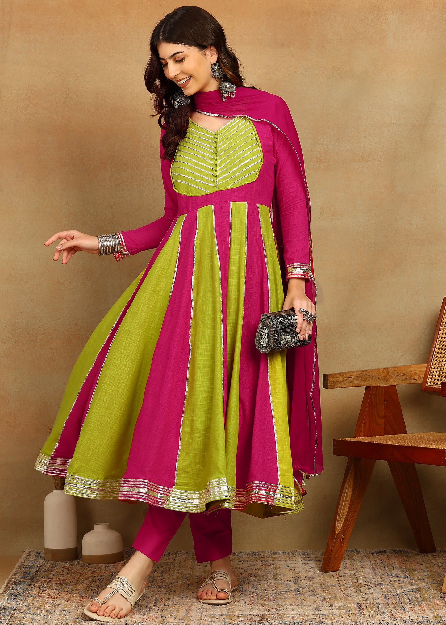 LIME PINK SLUB ANARKALI SUIT SET