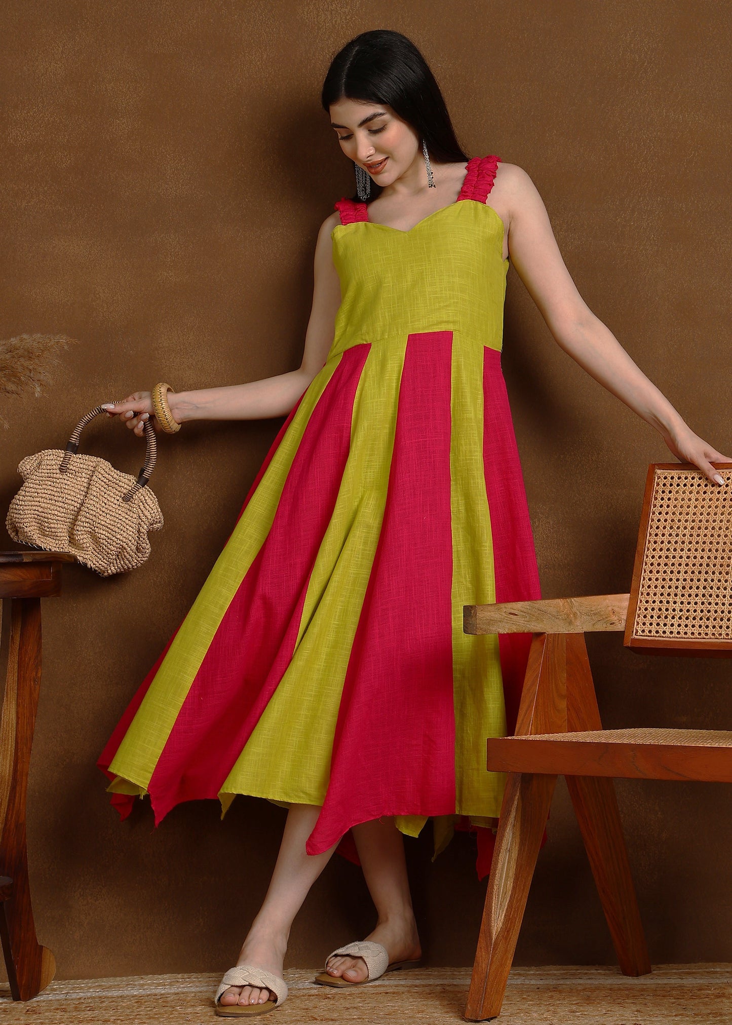 PINK LIME SLUB ONE PEICE DRESS