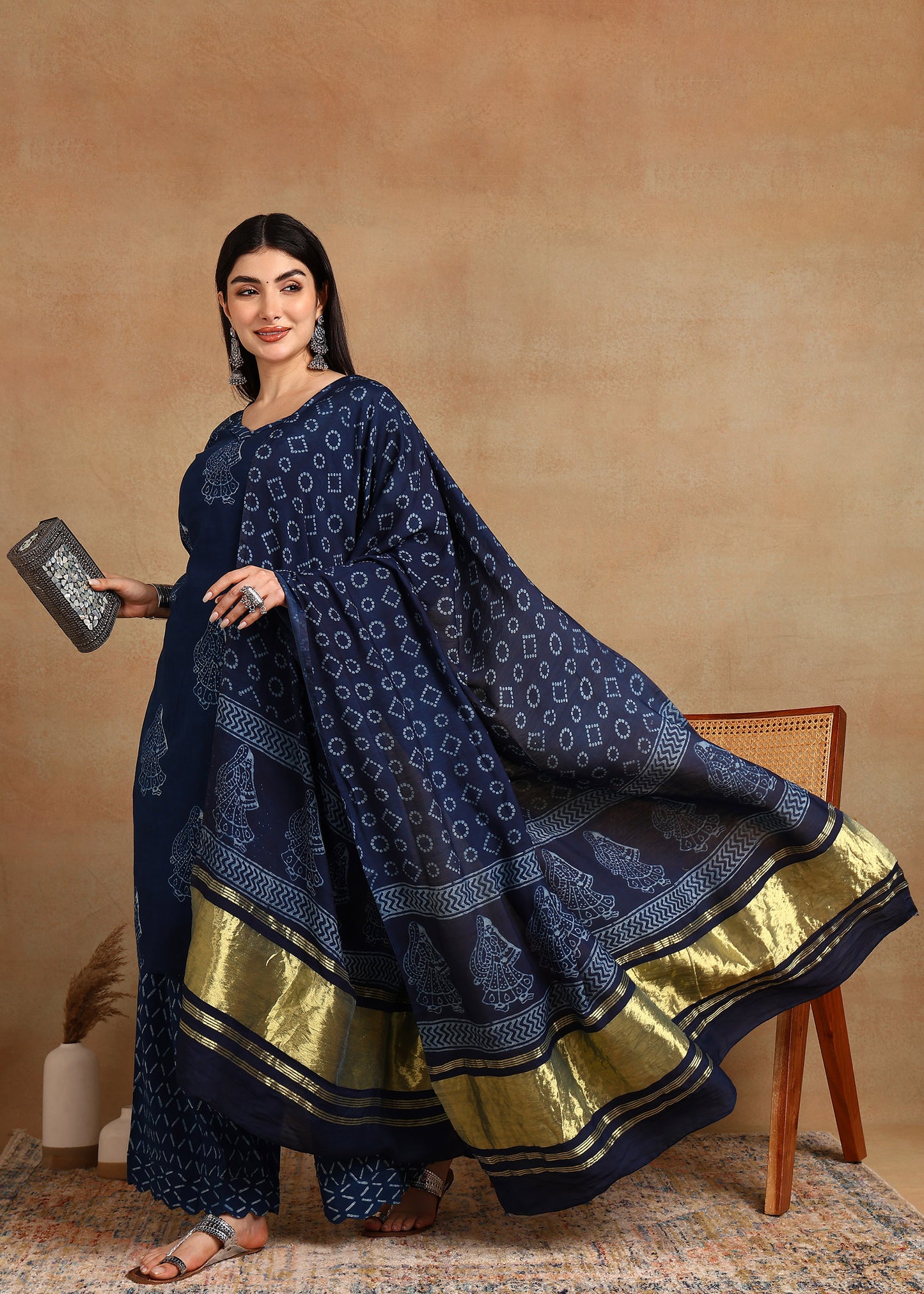 INDIGO PRINTED STRAIGHT SUIT