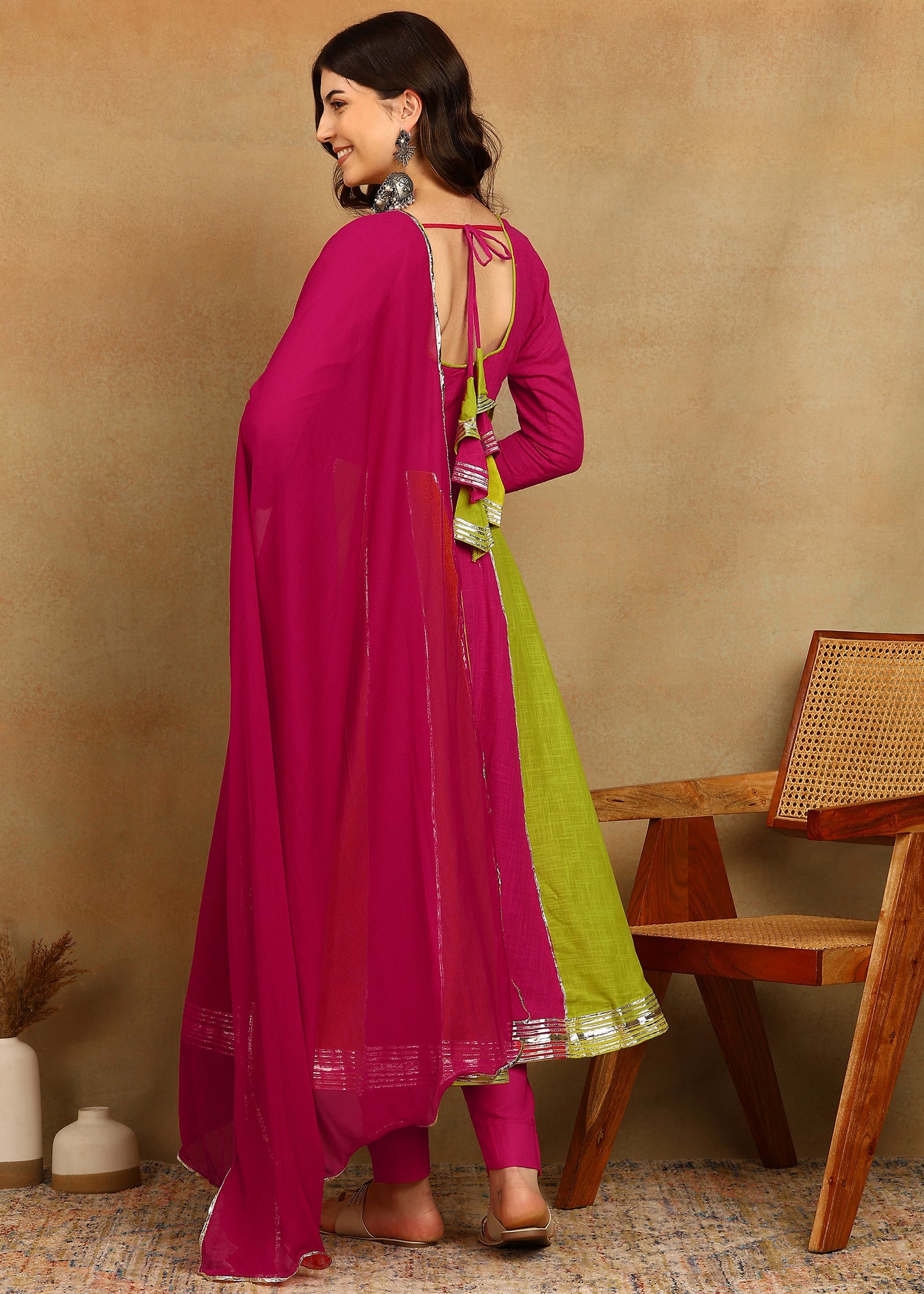 LIME PINK SLUB ANARKALI SUIT SET
