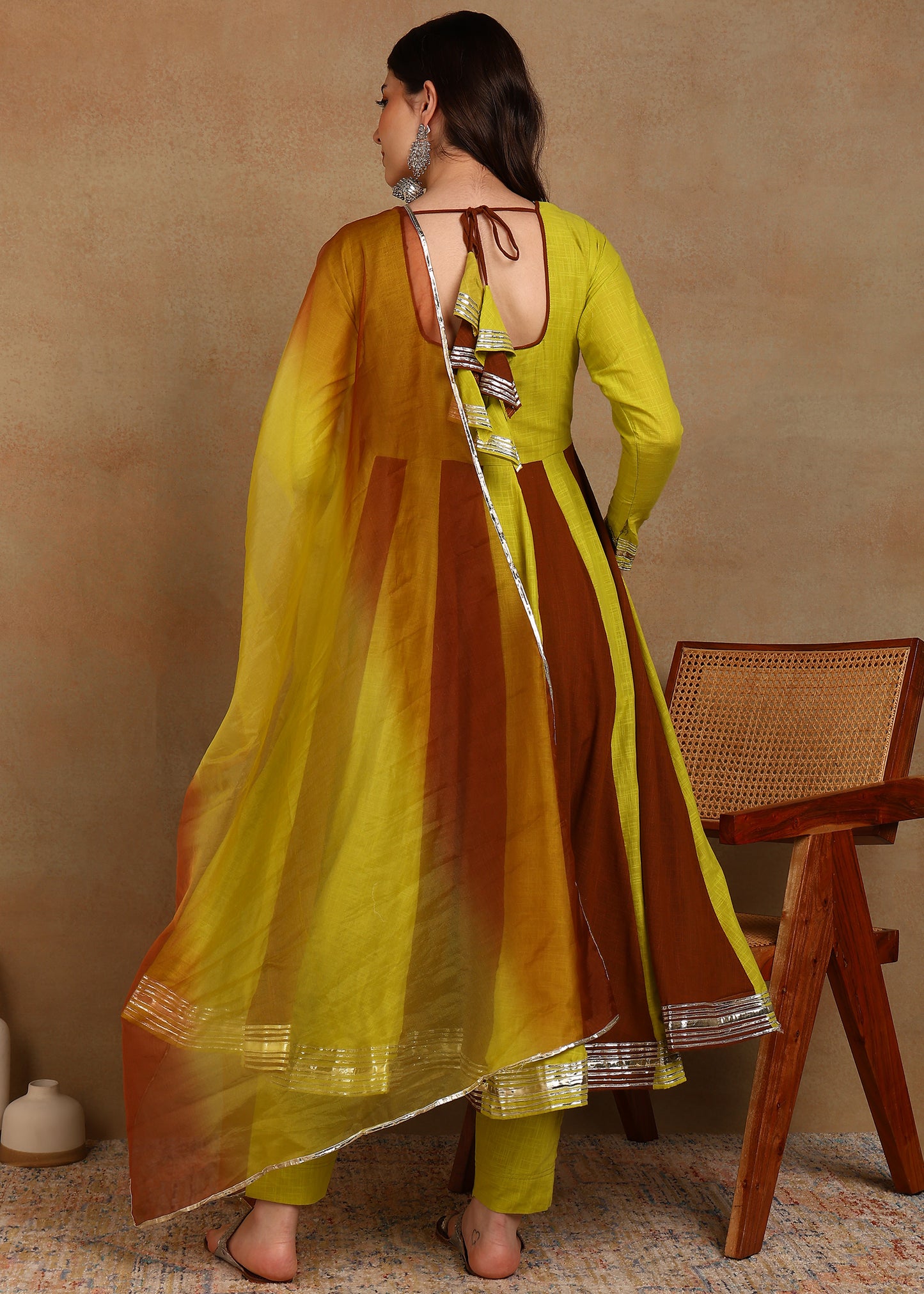 YELLOWBROWN SLUB ANARKALI SUIT SET