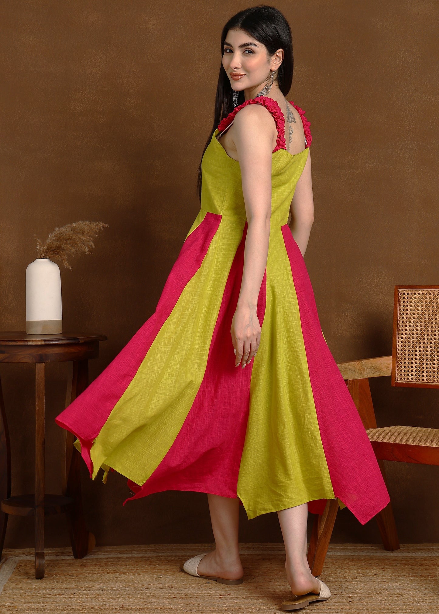 PINK LIME SLUB ONE PEICE DRESS