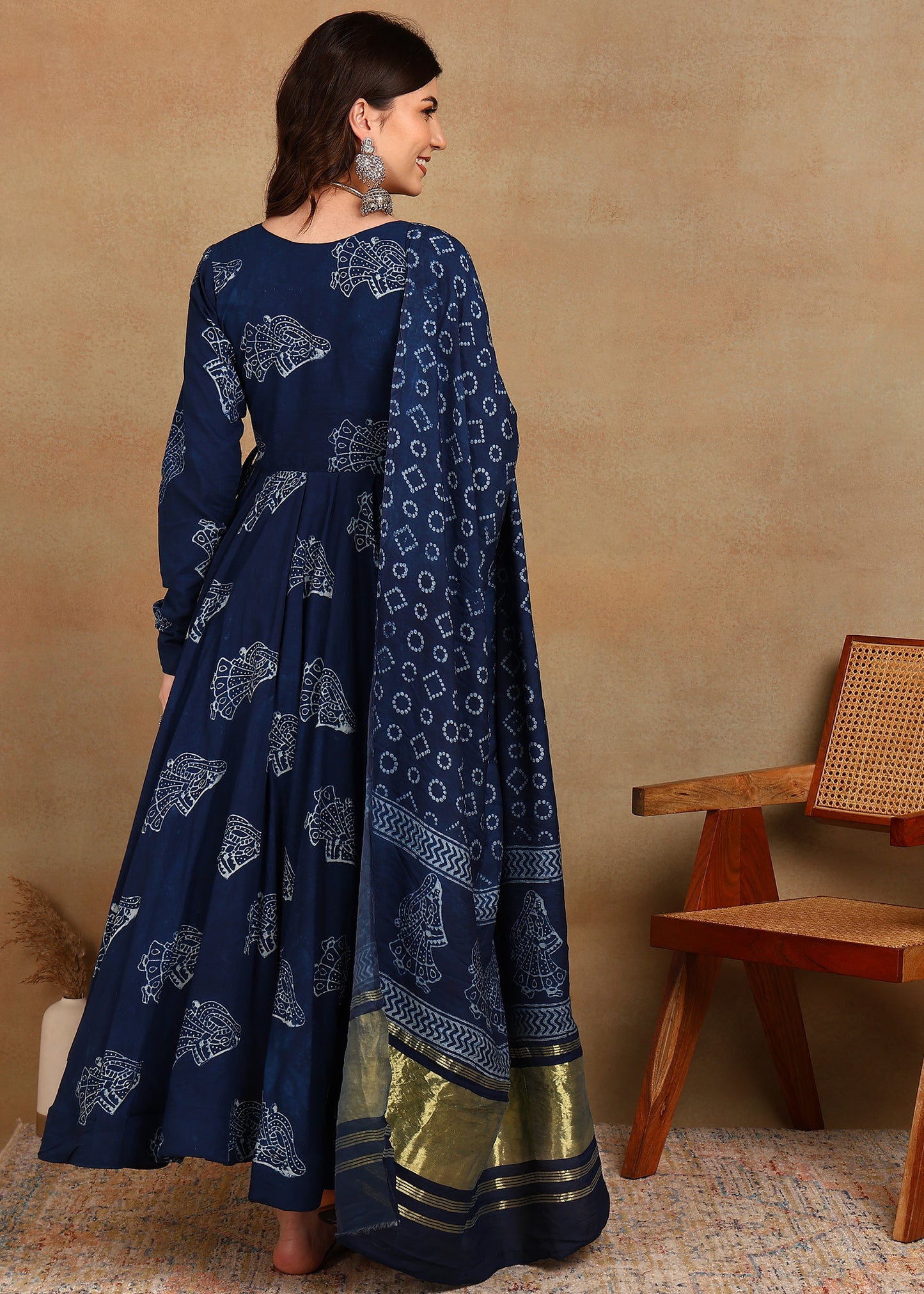 LADY DABU INDIGO HANDBLOCKED ANARKALI SUIT SET