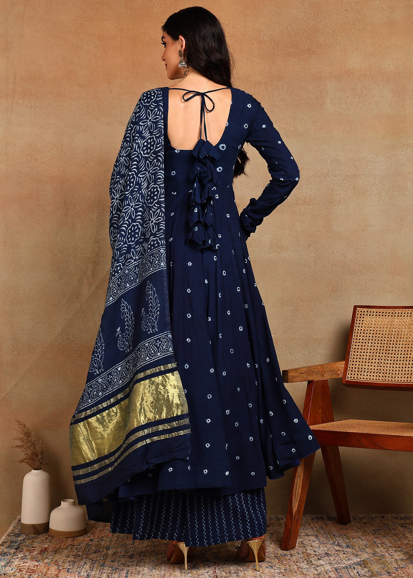 HANDMADE BHANDHEJ DABU INDIGO ANARKALI KURTA SUIT SET