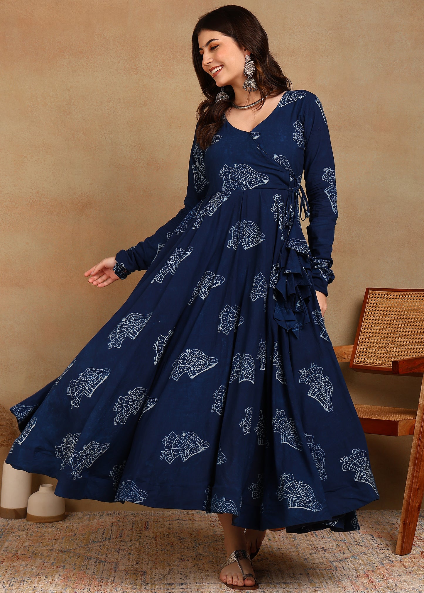 LADY DABU INDIGO HANDBLOCKED ANARKALI SUIT SET