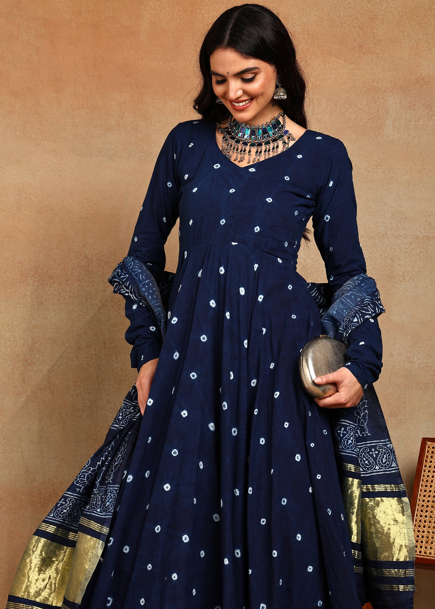 HANDMADE BHANDHEJ DABU INDIGO ANARKALI KURTA SUIT SET
