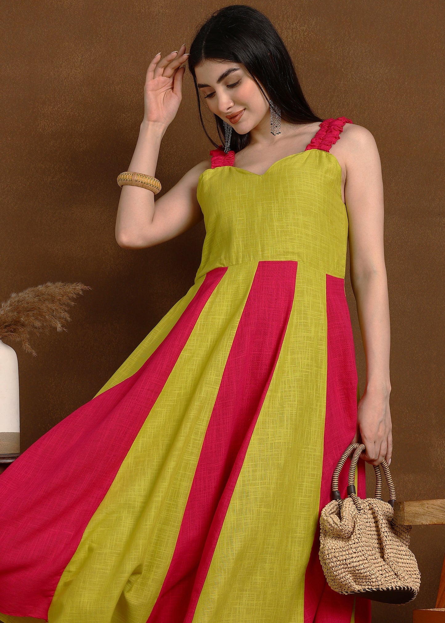PINK LIME SLUB ONE PEICE DRESS