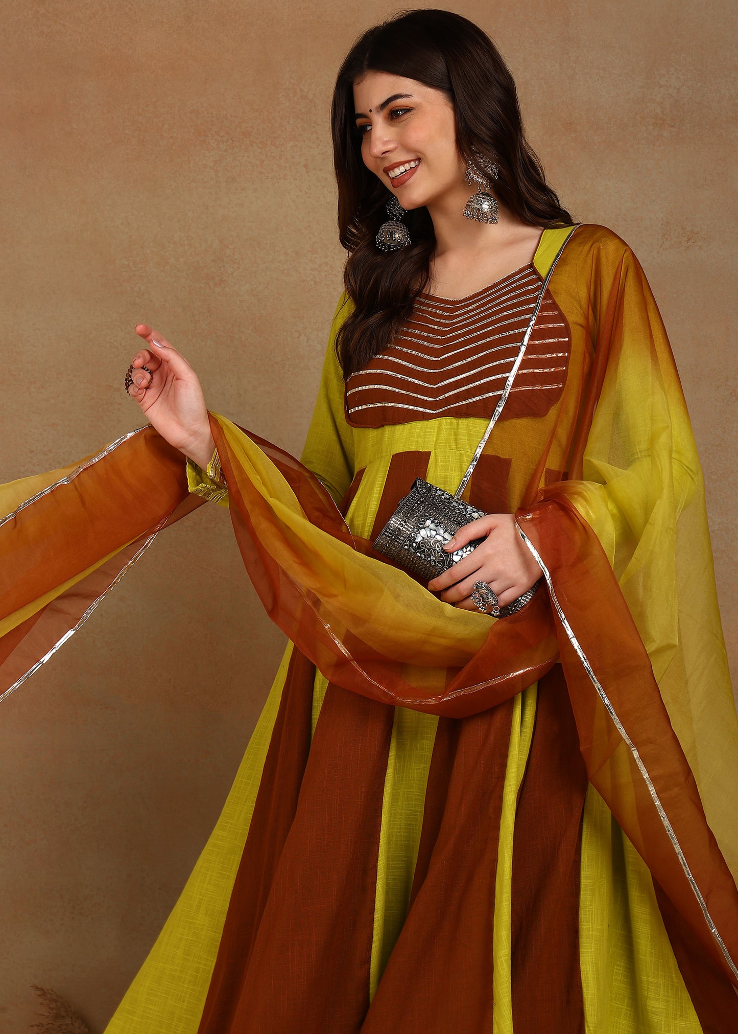 YELLOWBROWN SLUB ANARKALI SUIT SET