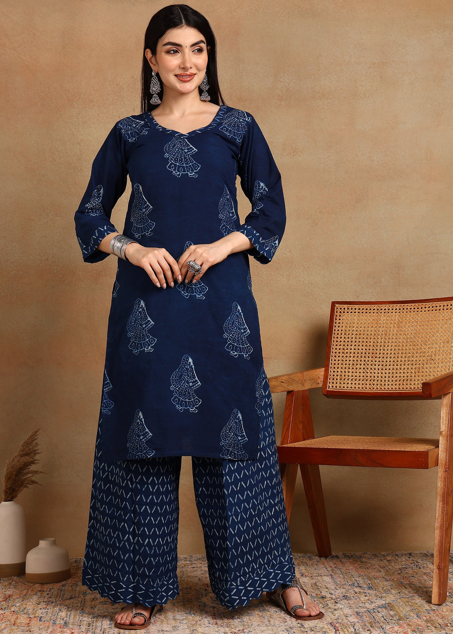 INDIGO PRINTED STRAIGHT SUIT