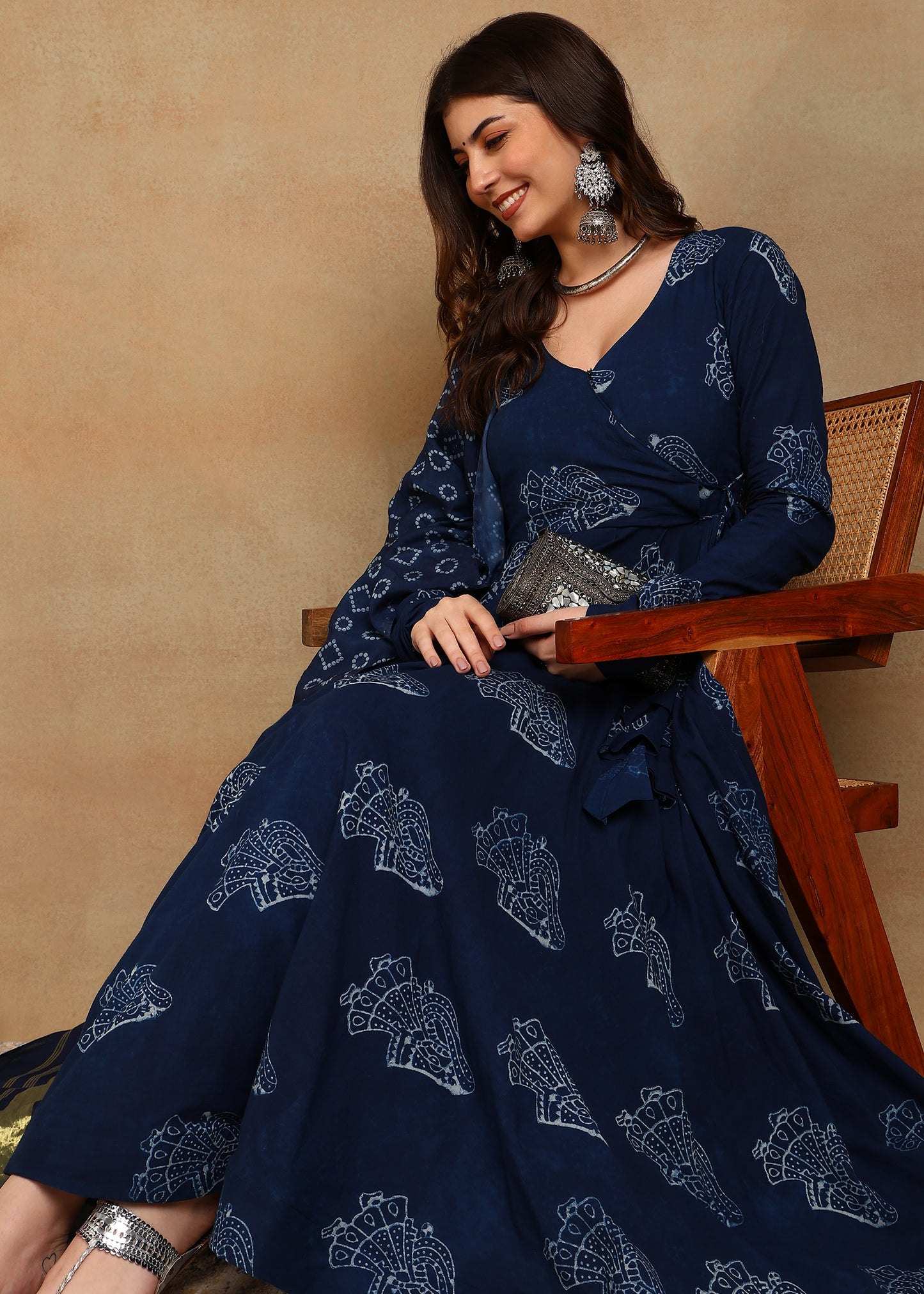 LADY DABU INDIGO HANDBLOCKED ANARKALI SUIT SET