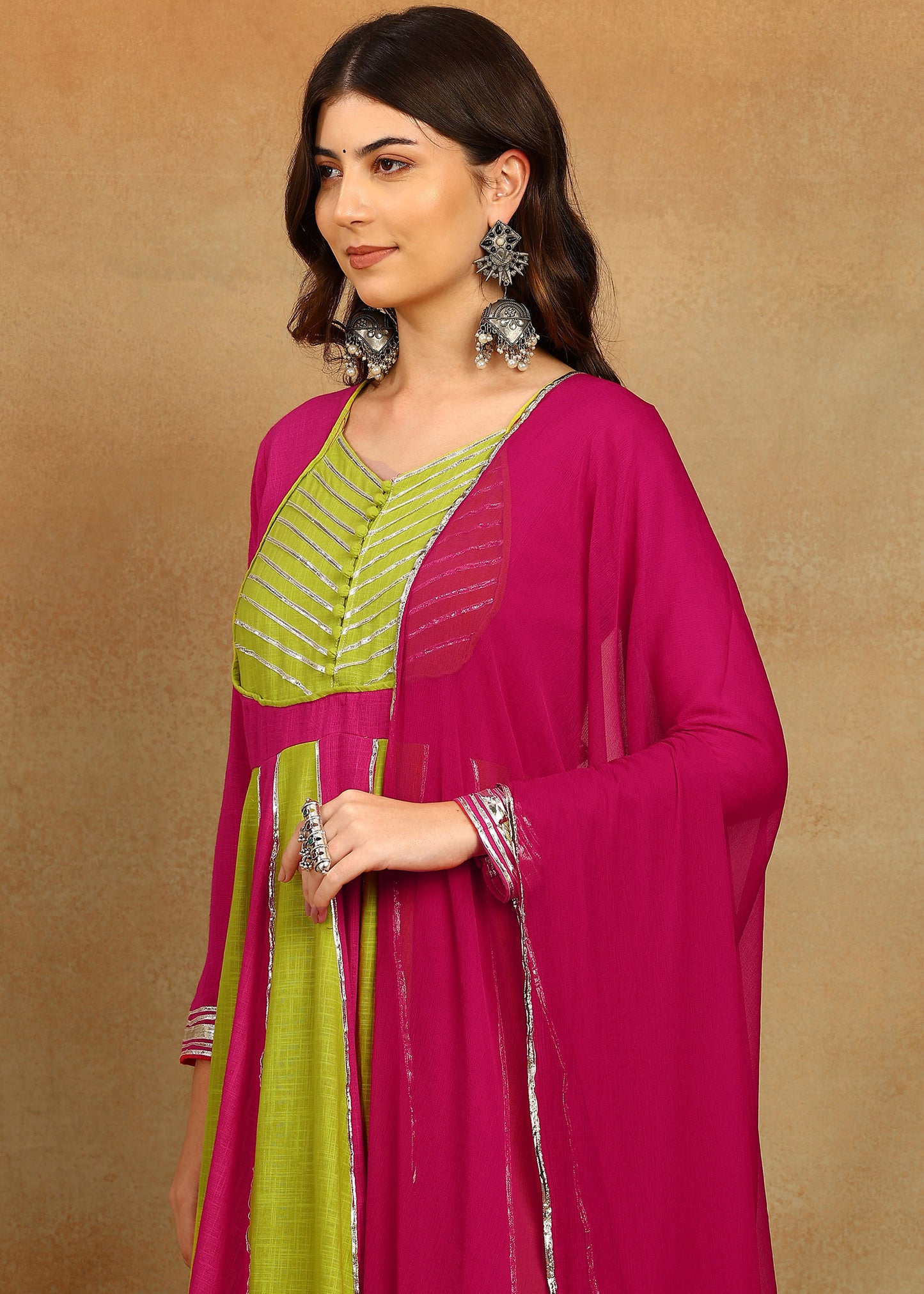 LIME PINK SLUB ANARKALI SUIT SET