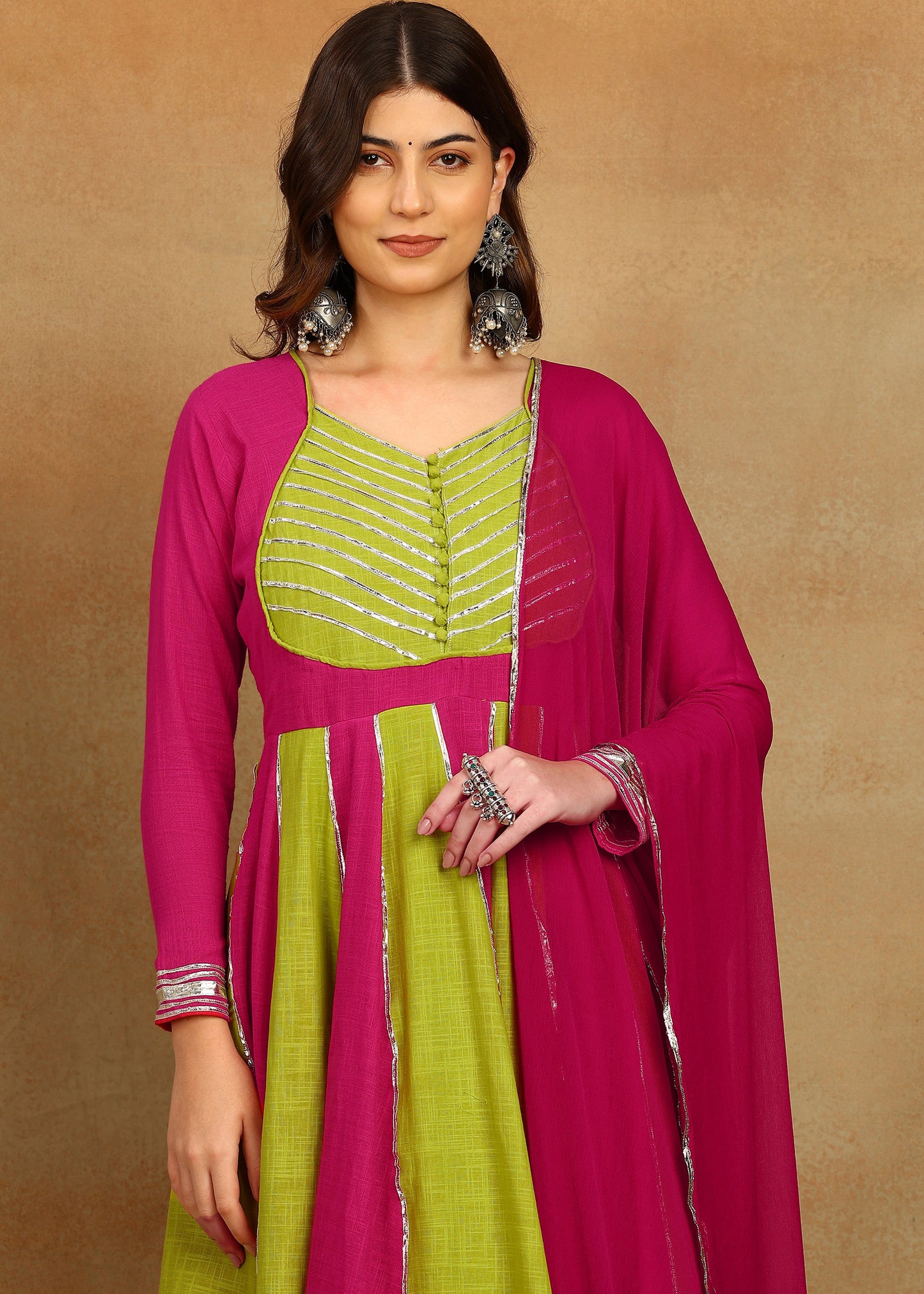 LIME PINK SLUB ANARKALI SUIT SET