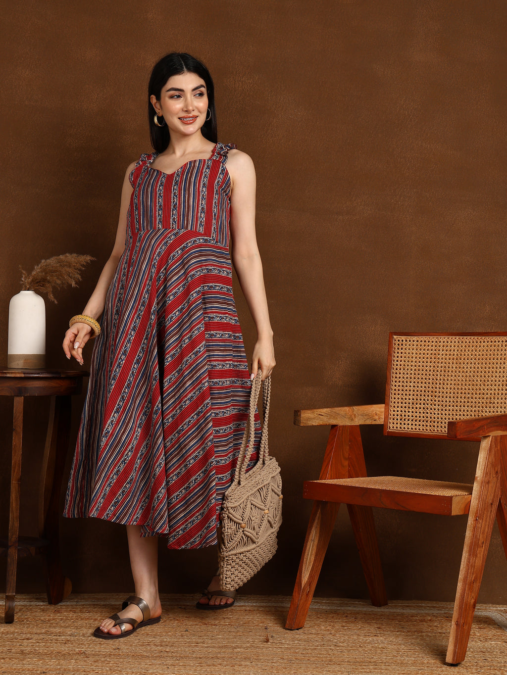 RED BLUE KATHA STRIPS DRESS