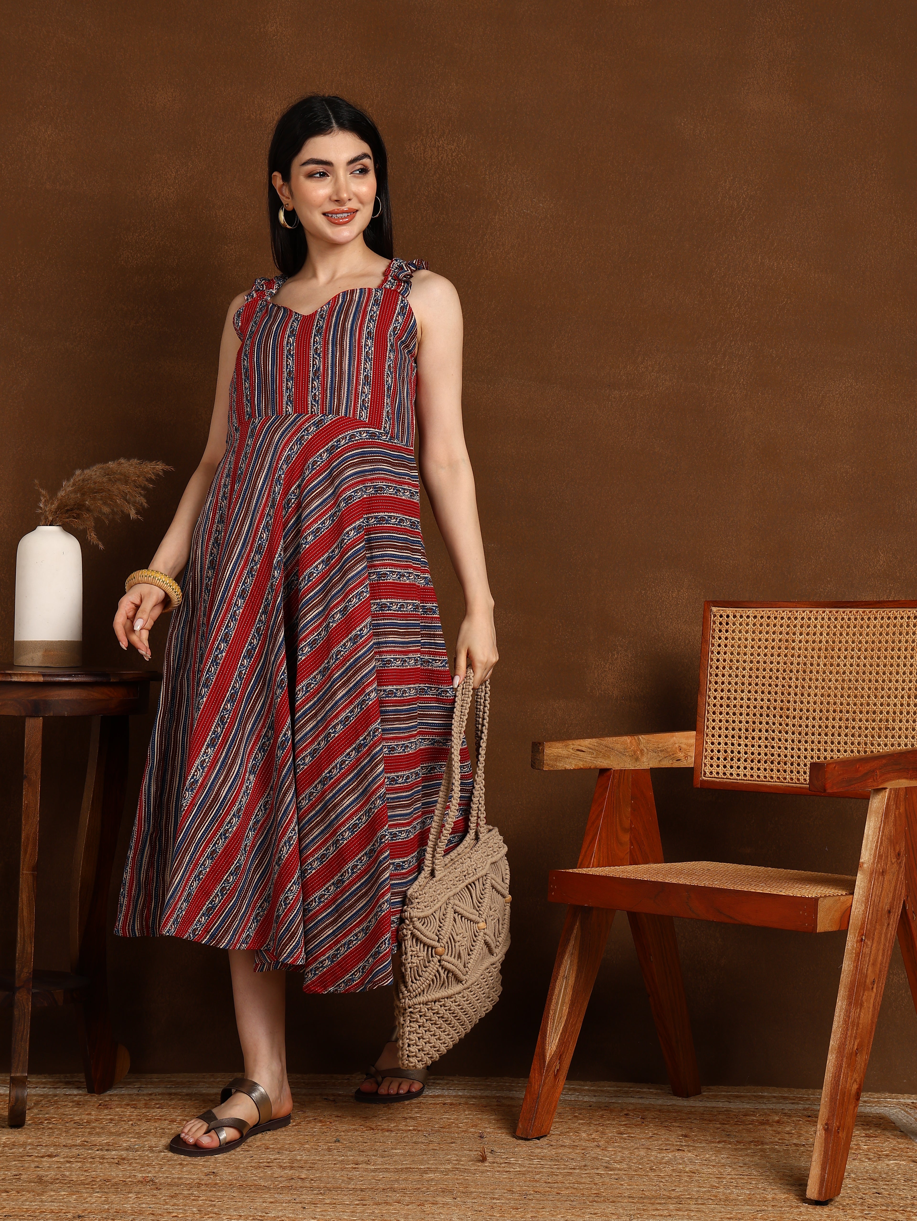 RED BLUE KATHA STRIPS DRESS