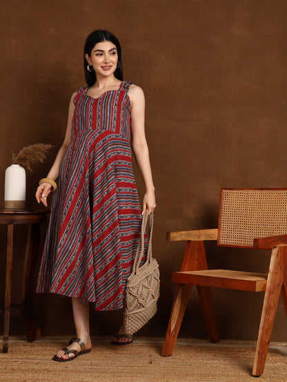 RED BLUE KATHA STRIPS DRESS