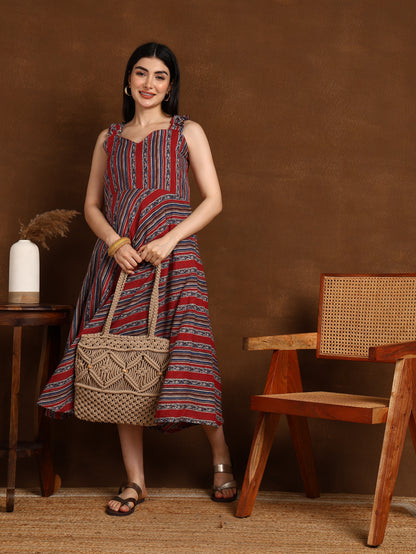 RED BLUE KATHA STRIPS DRESS