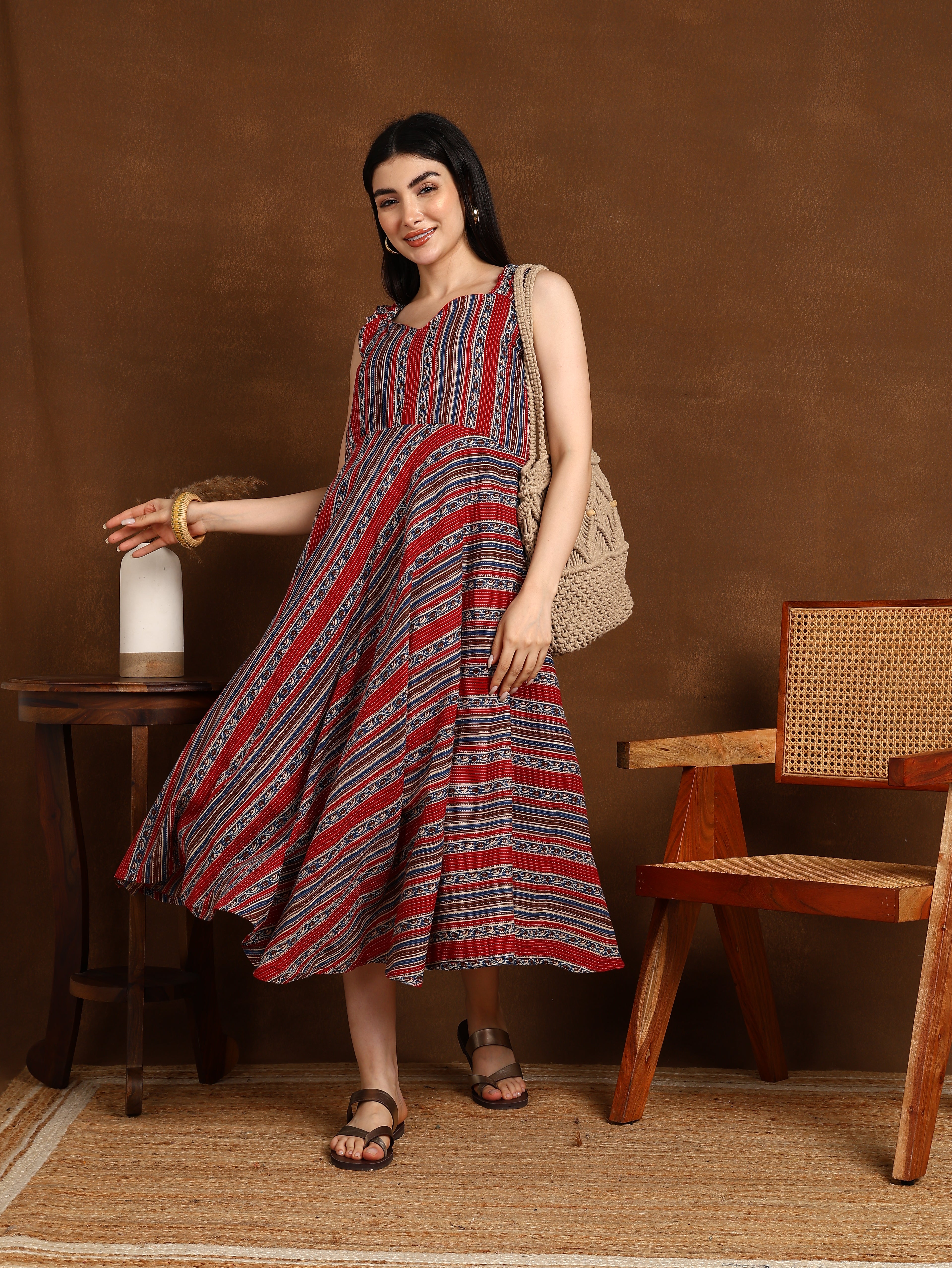 RED BLUE KATHA STRIPS DRESS