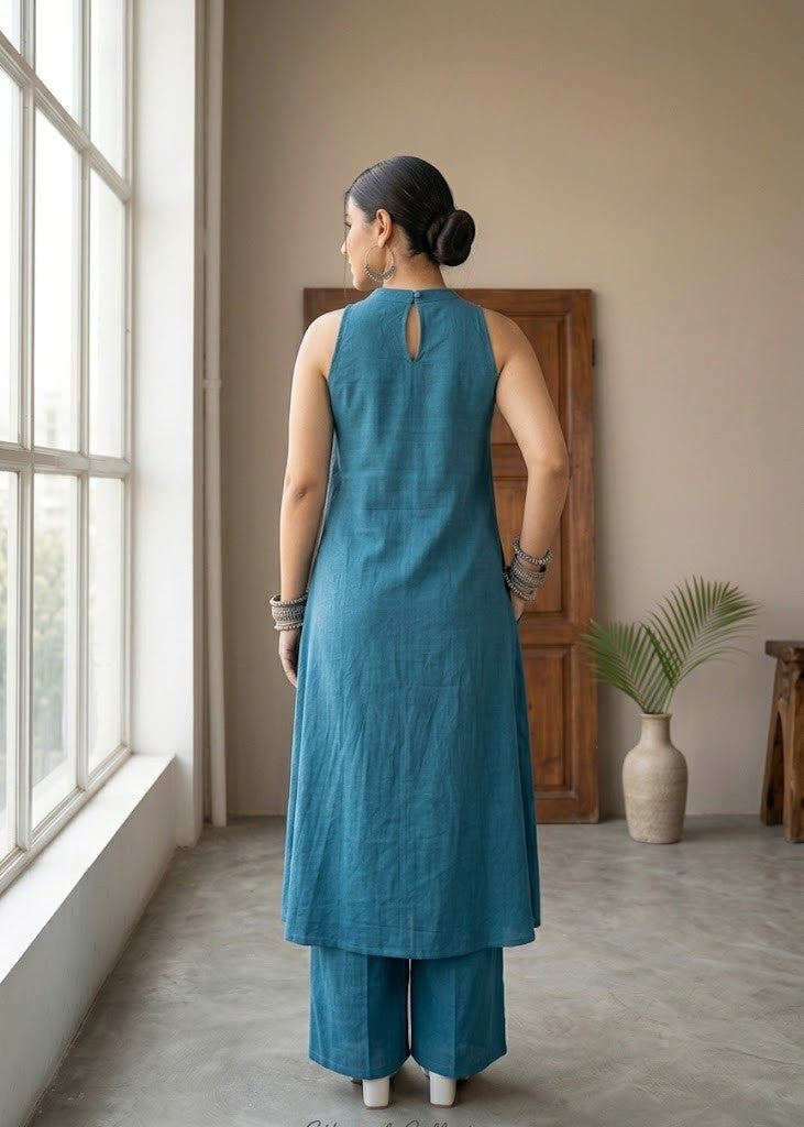 SKYBLUE SLUB KURTA PLAZZO SET