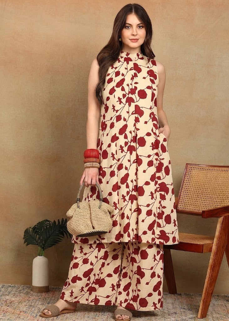 MAROON FLORAL KURTA PLAZZO SET