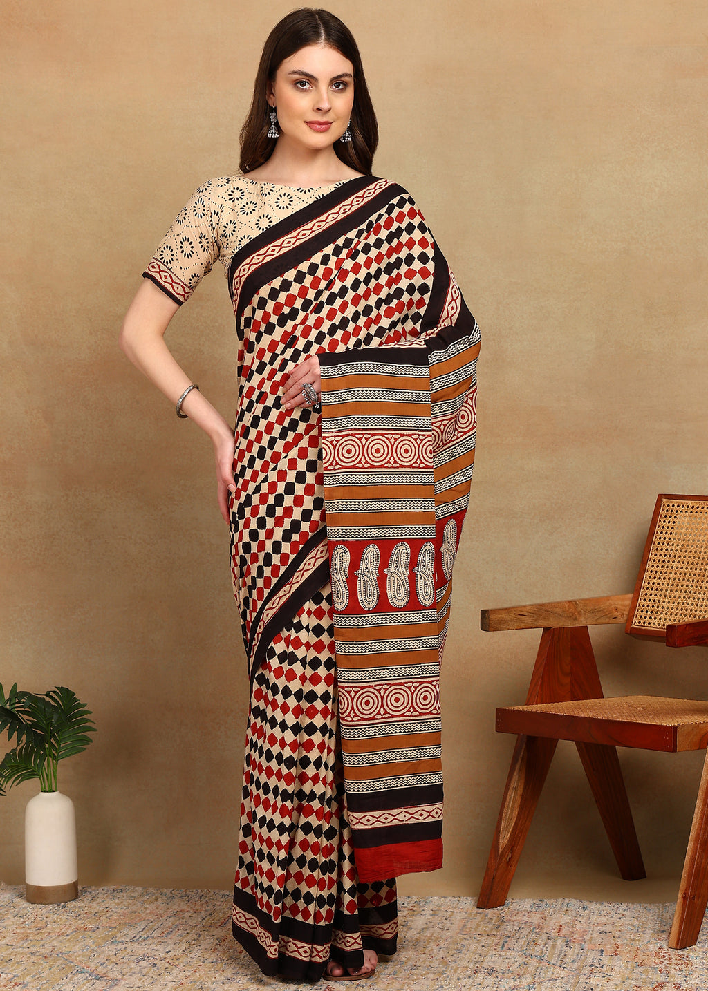 READY TO WEAR BEIGE AND RUST SAREE