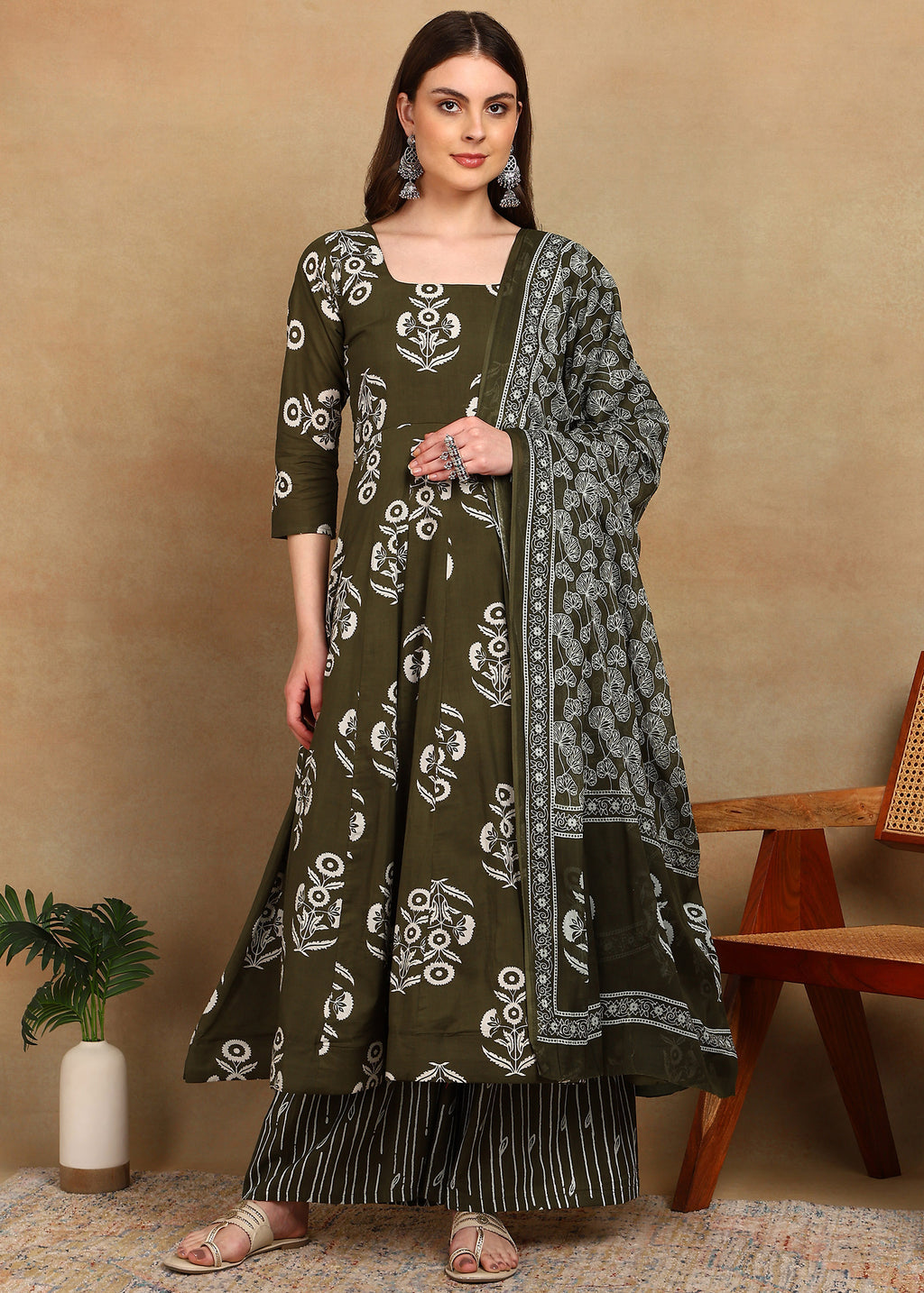 OLIVE KURTA ANARKALI SUIT SET