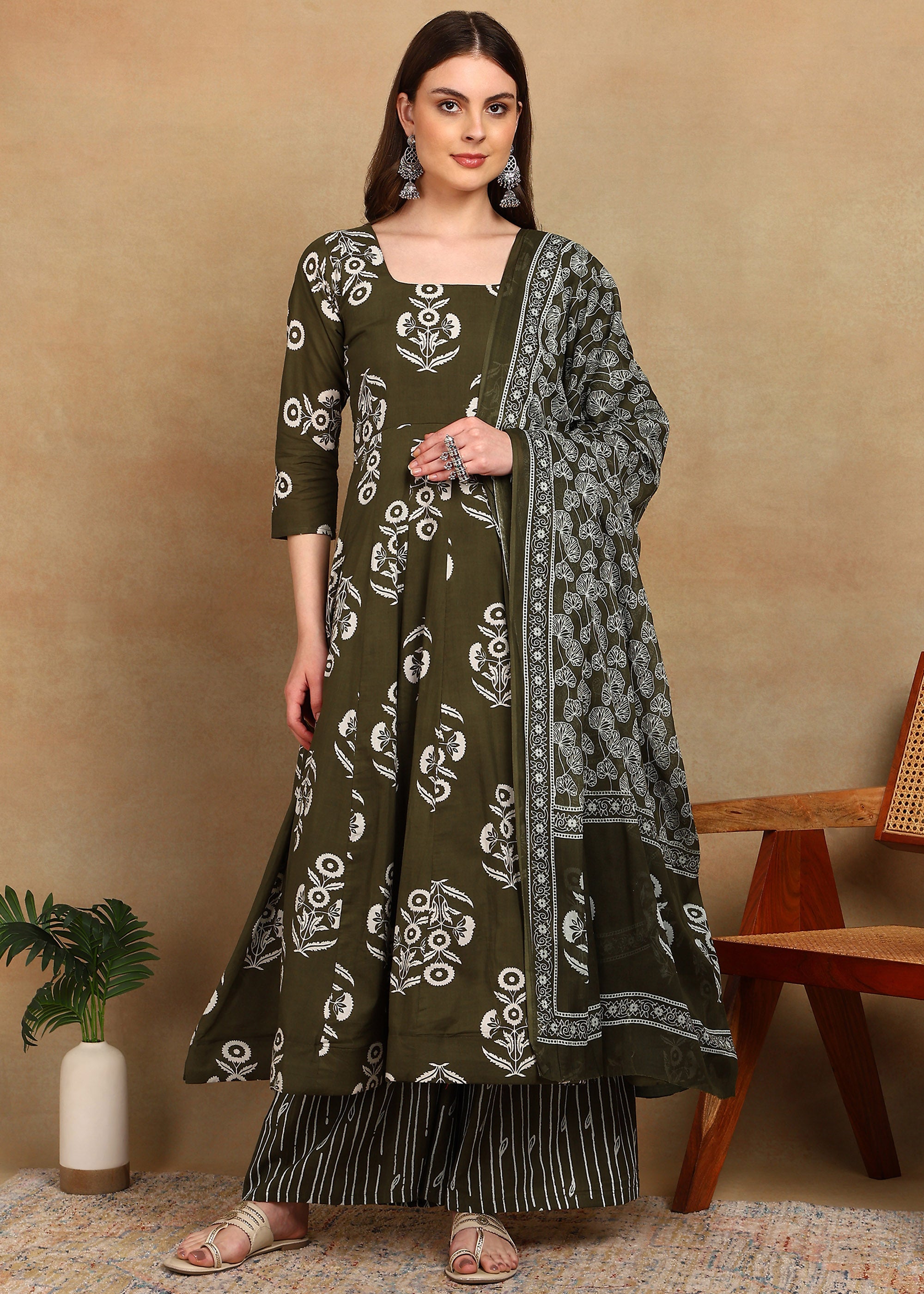 OLIVE KURTA ANARKALI SUIT SET