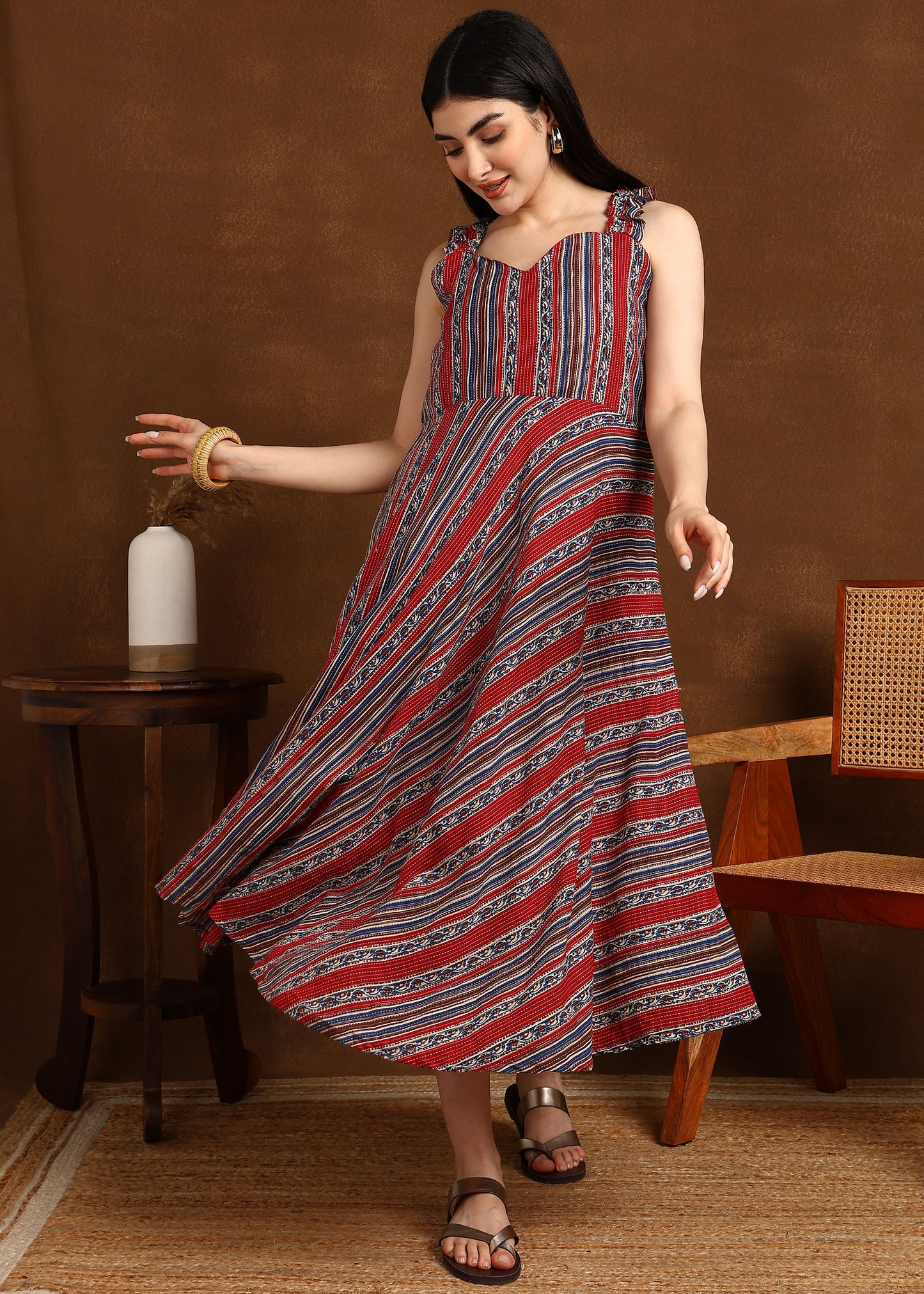 RED BLUE KATHA STRIPS DRESS