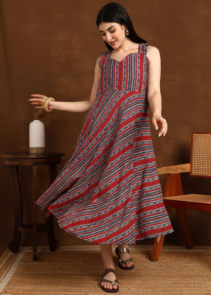 RED BLUE KATHA STRIPS DRESS