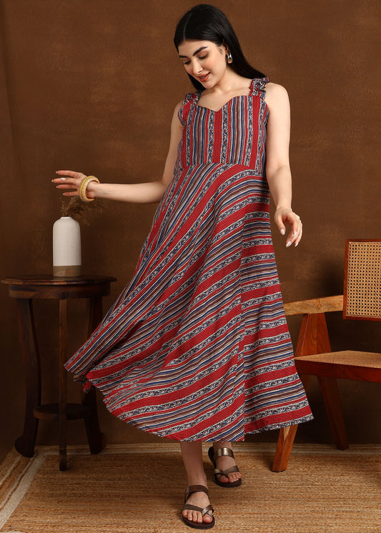 RED BLUE KATHA STRIPS DRESS