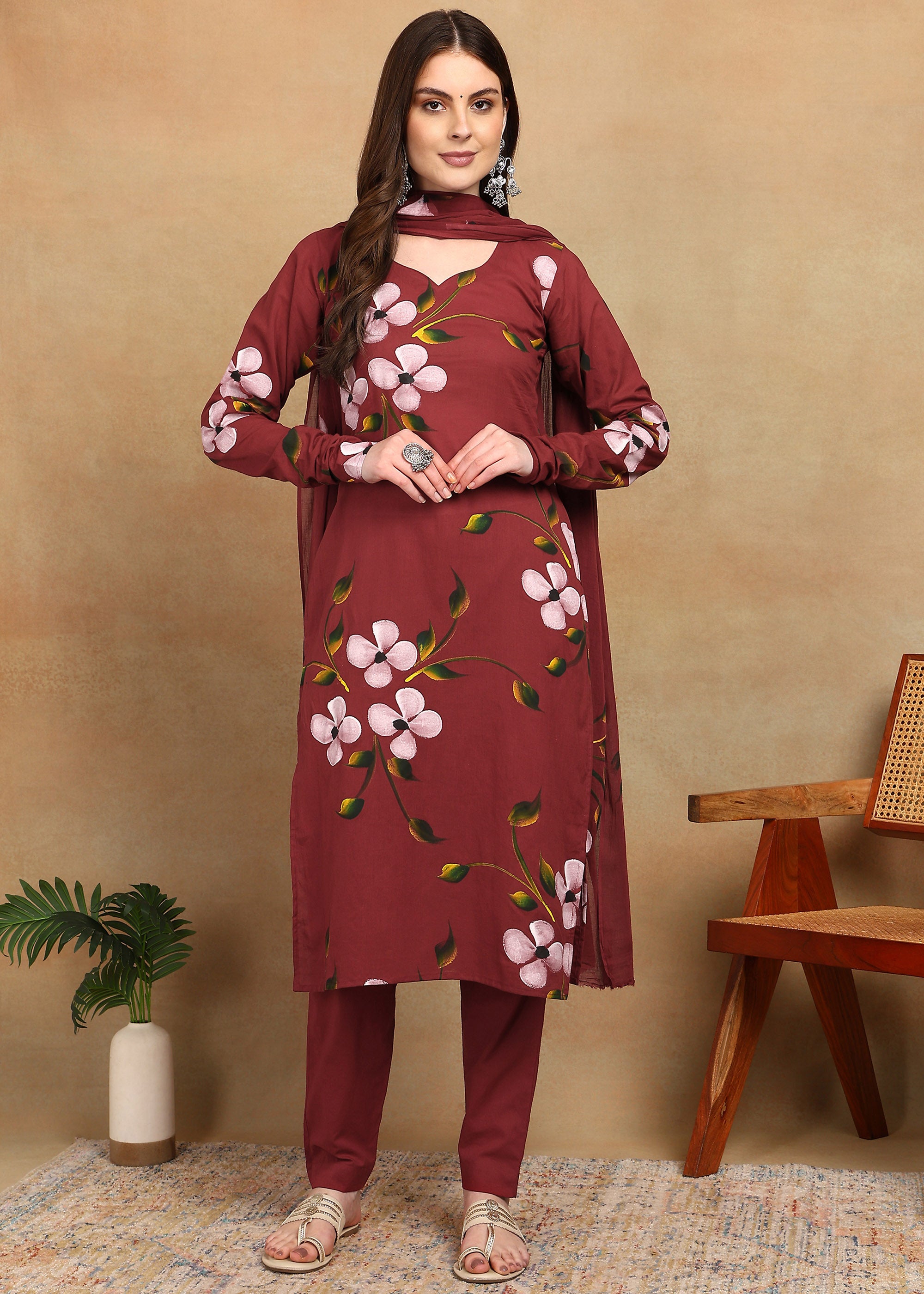 MAROON FLORAL HANDPAINT SUIT SET