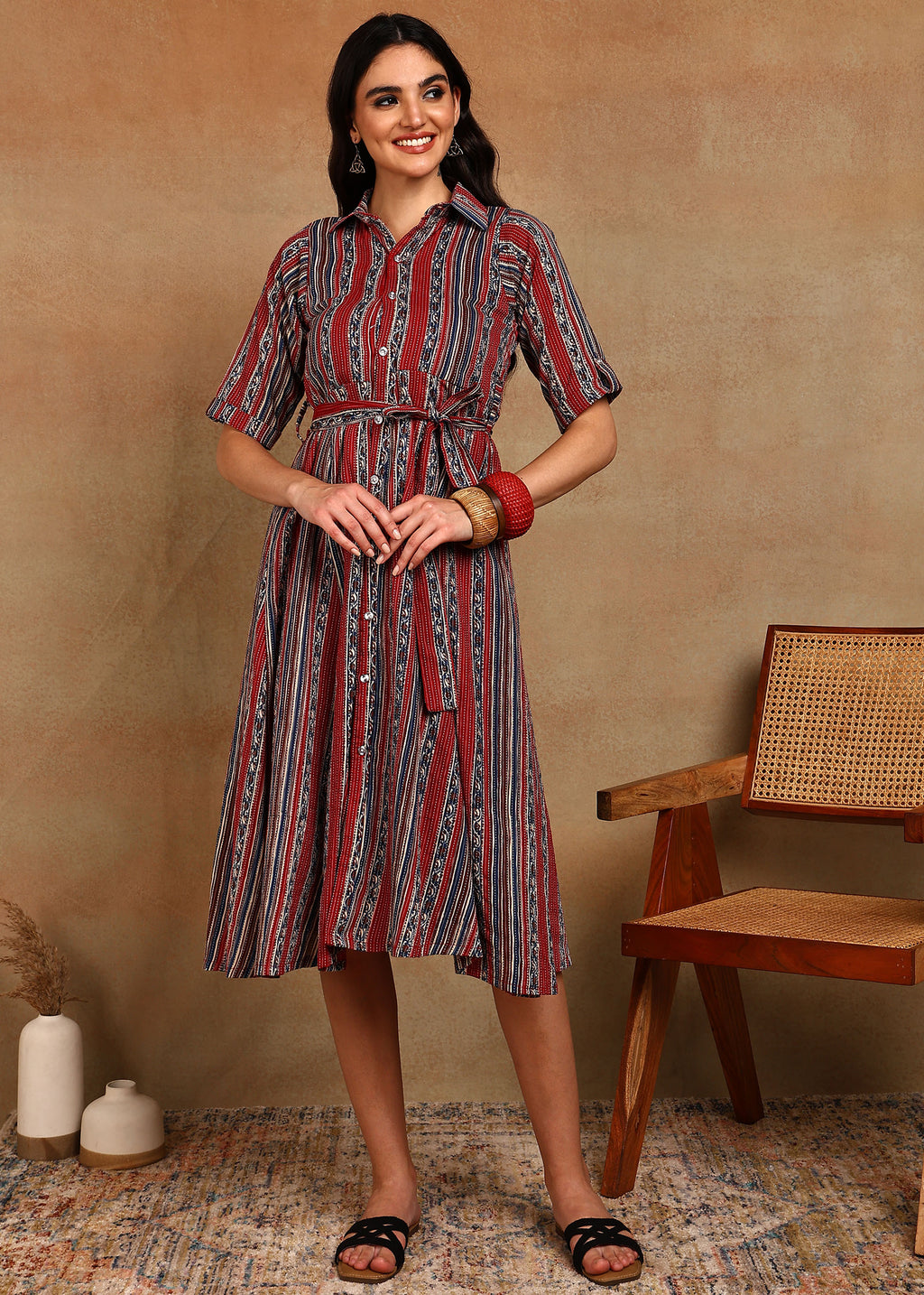 RED BLUE STRIPES COLLAR DRESS