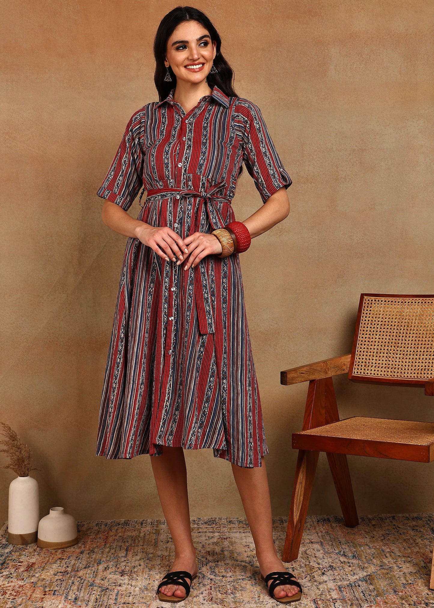RED BLUE STRIPES COLLAR DRESS
