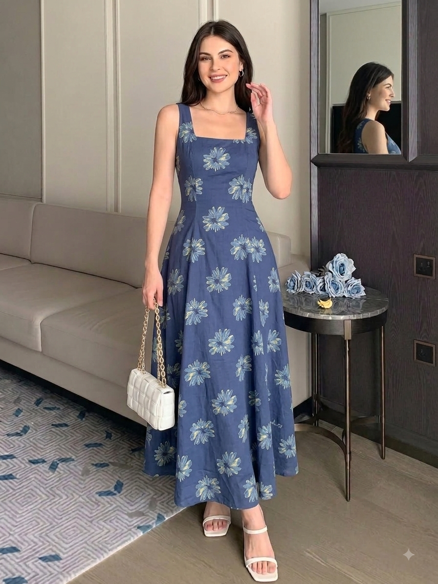 INDIGO FLORAL STRAP DRESS