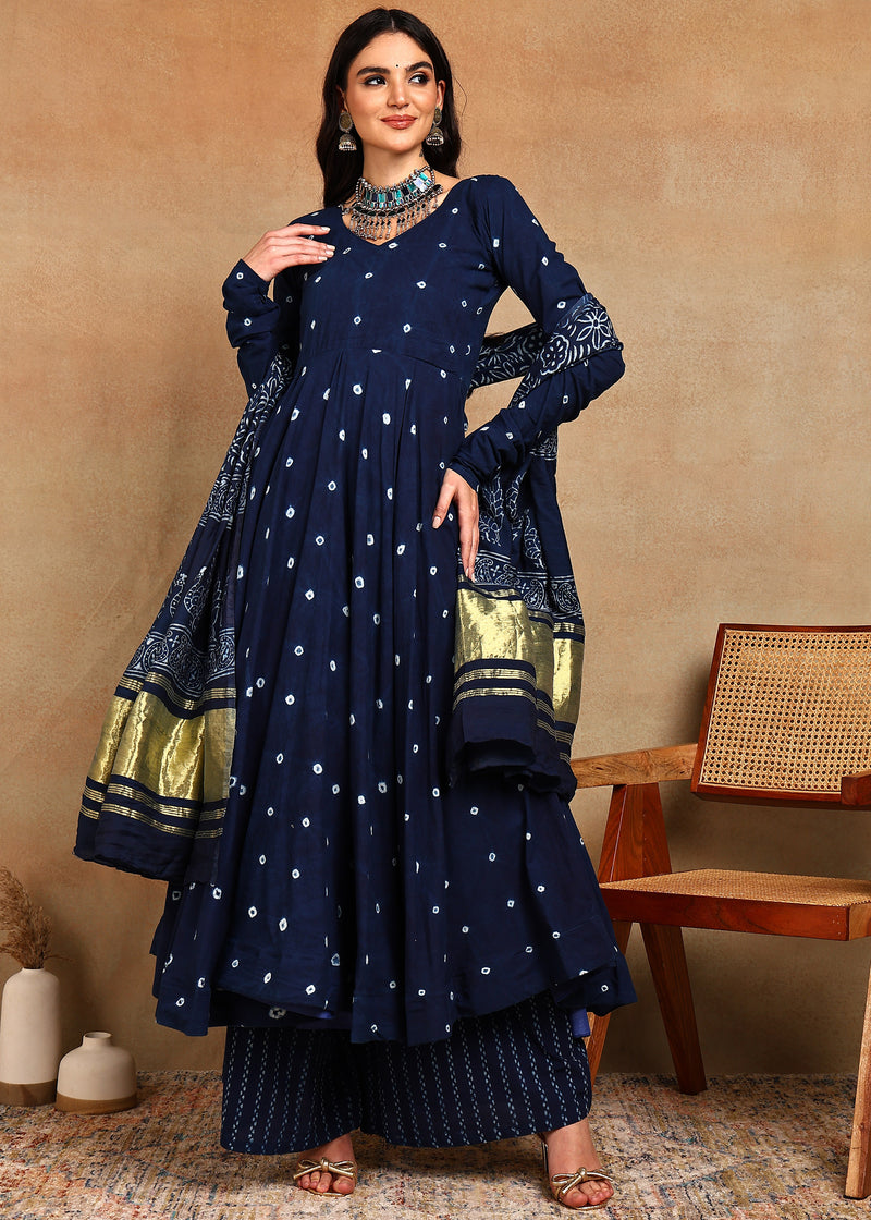 HANDMADE BHANDHEJ DABU INDIGO ANARKALI KURTA SUIT SET