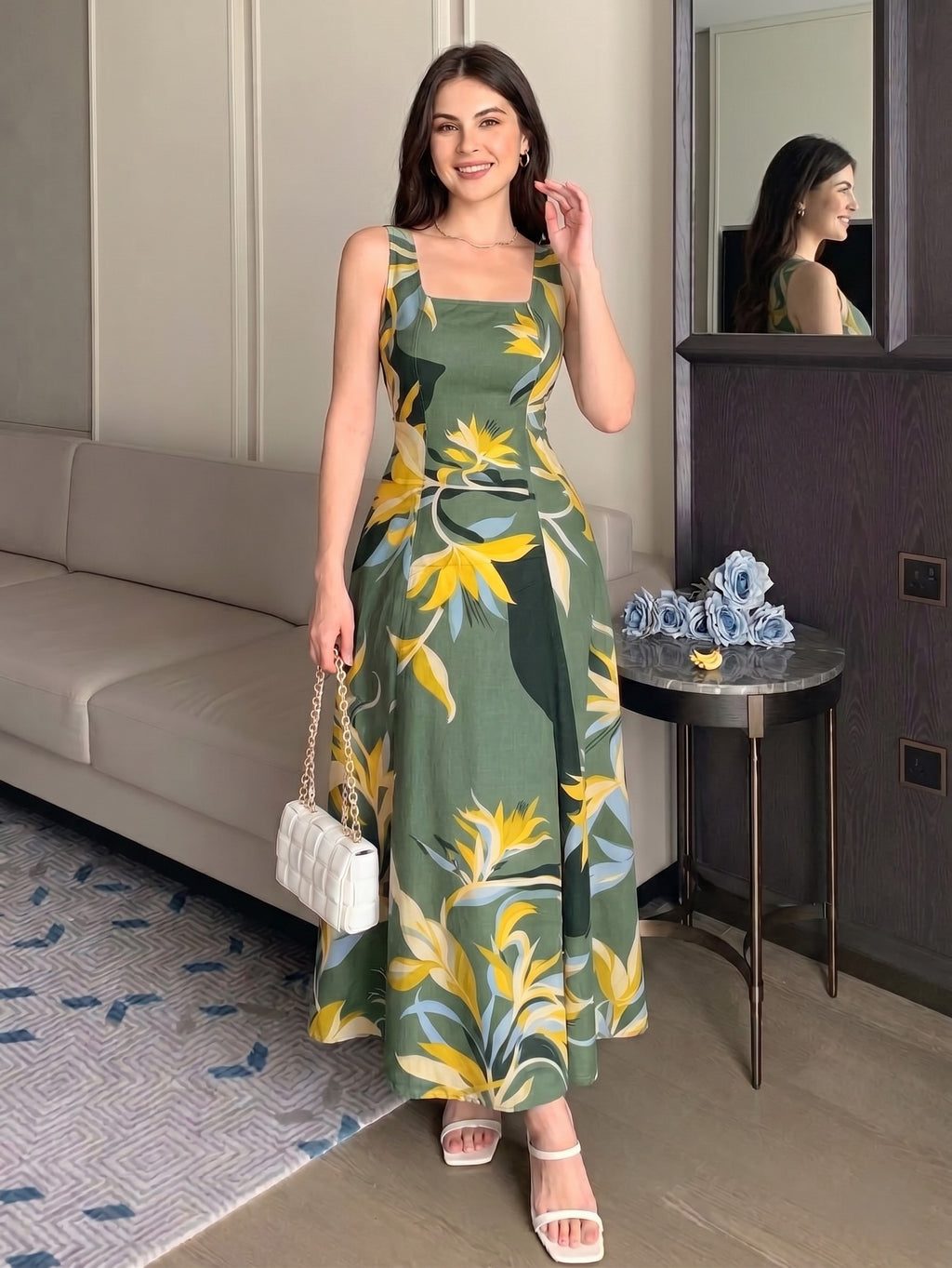 ABSTRACT GREEN STRAP DRESS