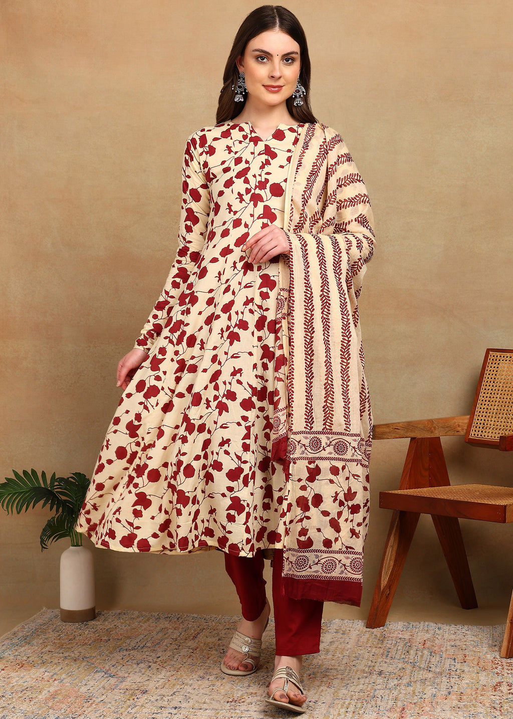 CREAM & MAROON FLORAL PRINTED ANARKALI SUIT SET