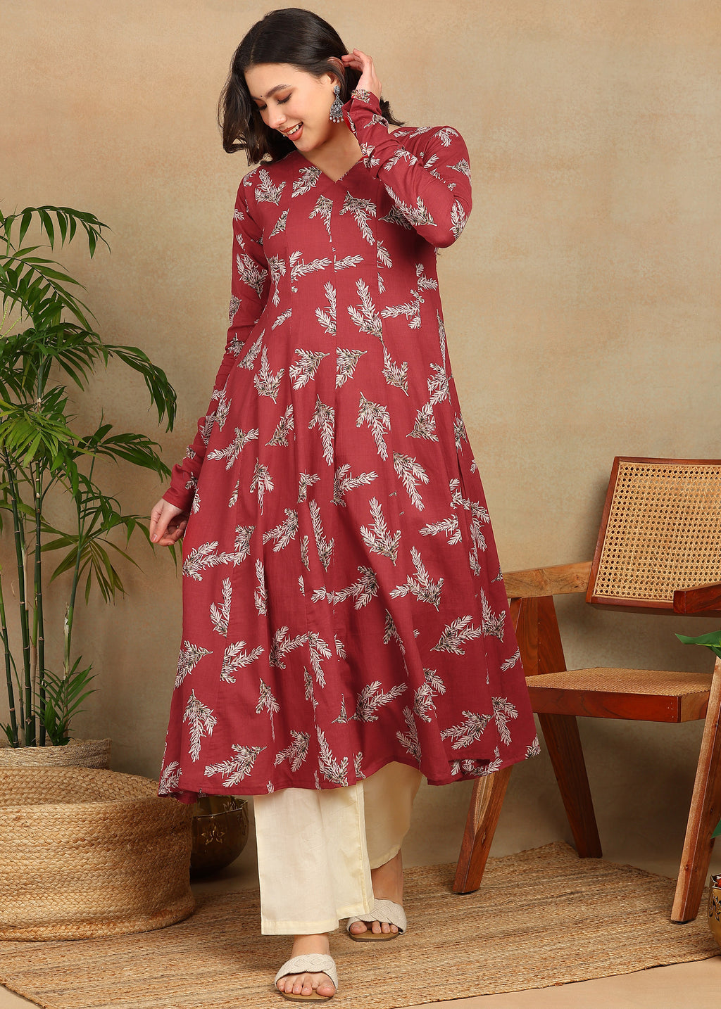 RED PRINTED A-LINE KURTA