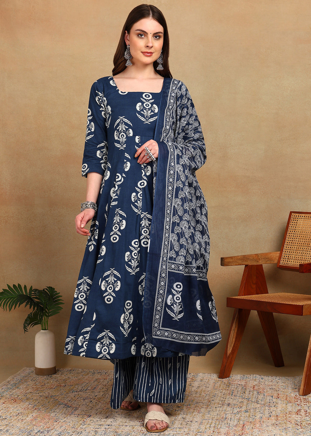 INDIGO FLORAL ANARKALI SUIT SET