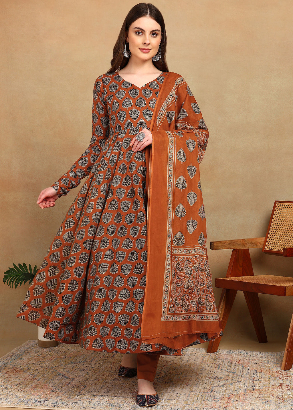 RUST AJRAKH ANARKALI SUIT SET